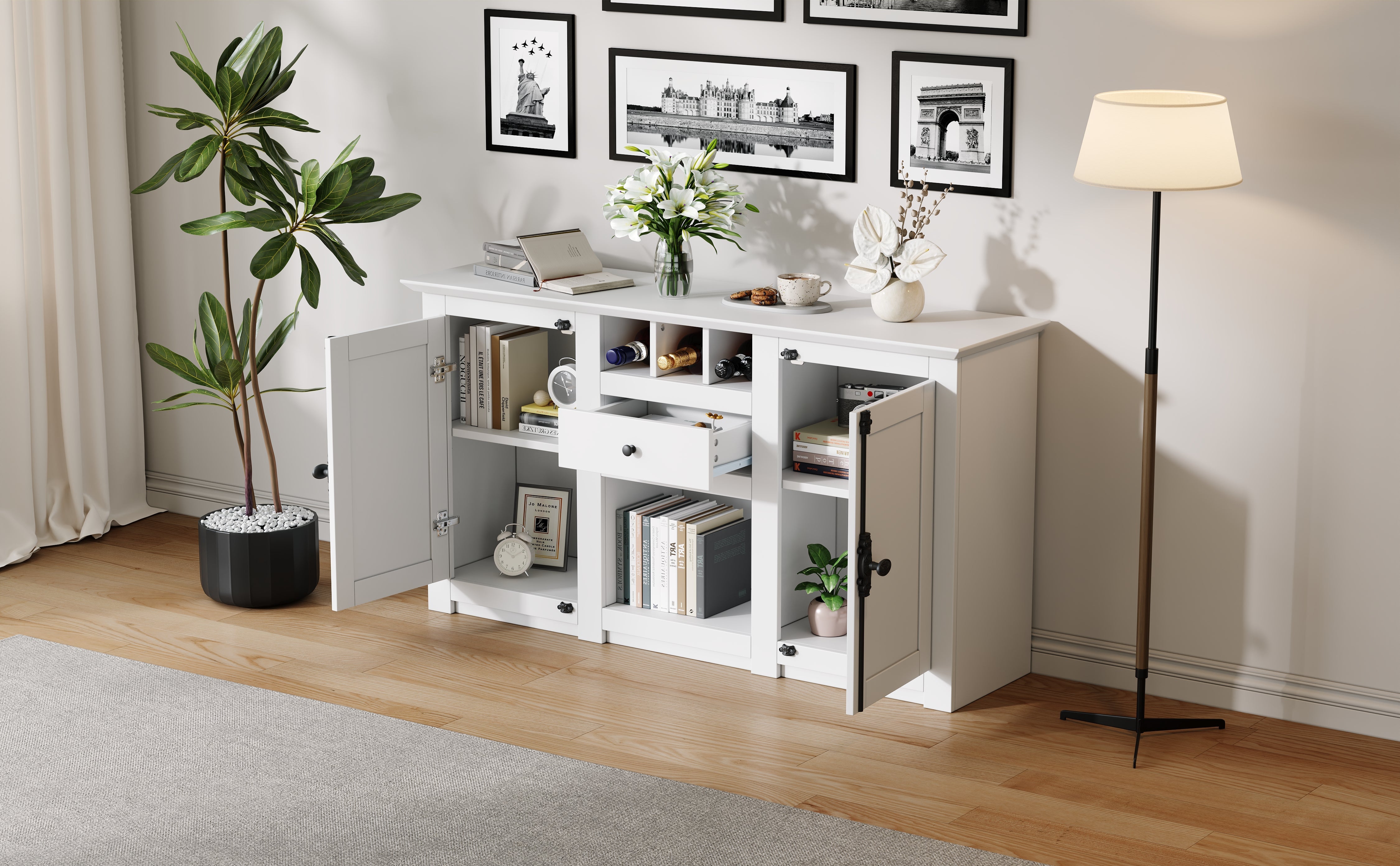 Logidon dressoir 130x35x70 cm wit 2 deuren, 1 lade, 3 wijnvakken