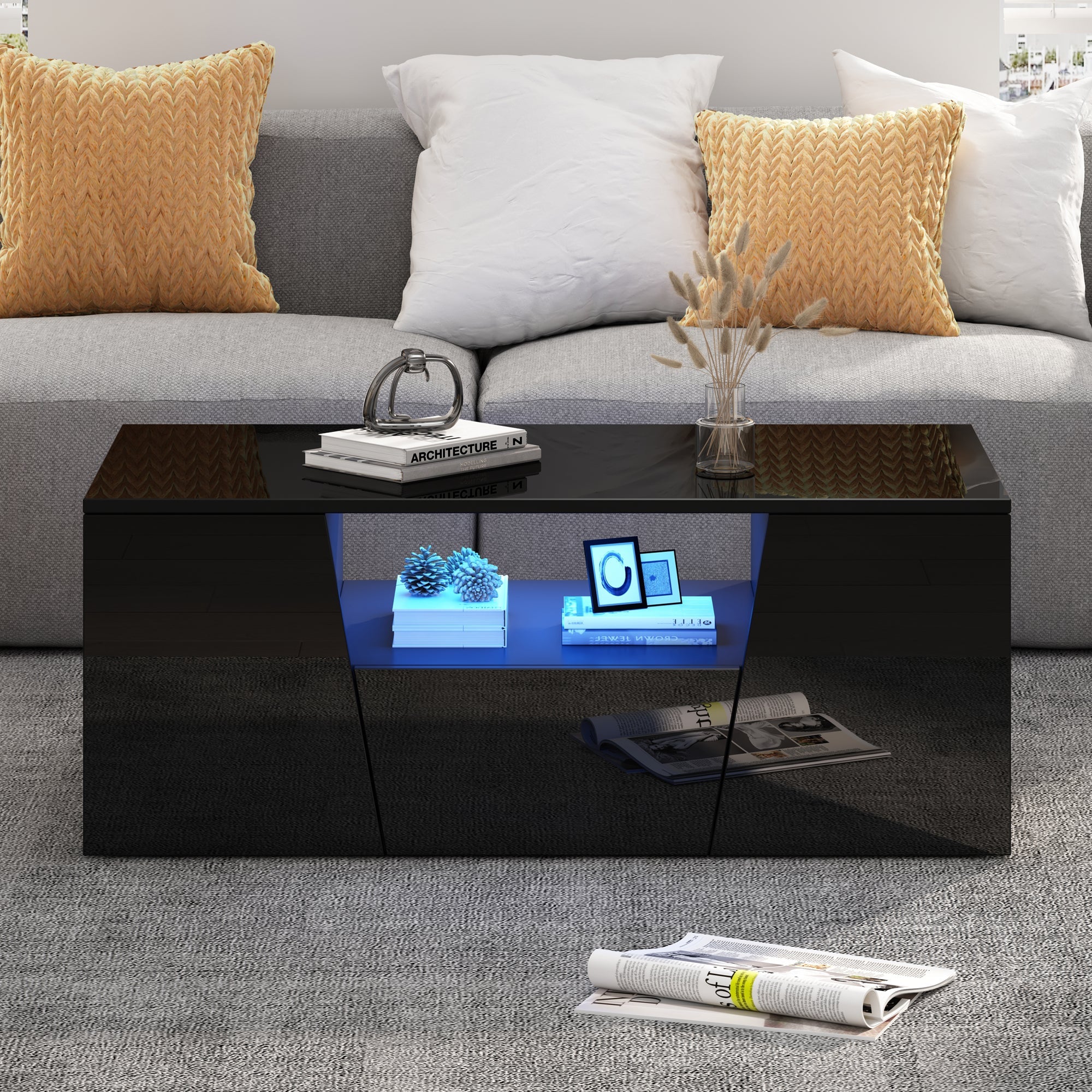 Logidon coffee table 100x50x40 cm black with LED 2 cabinets 1 drawer