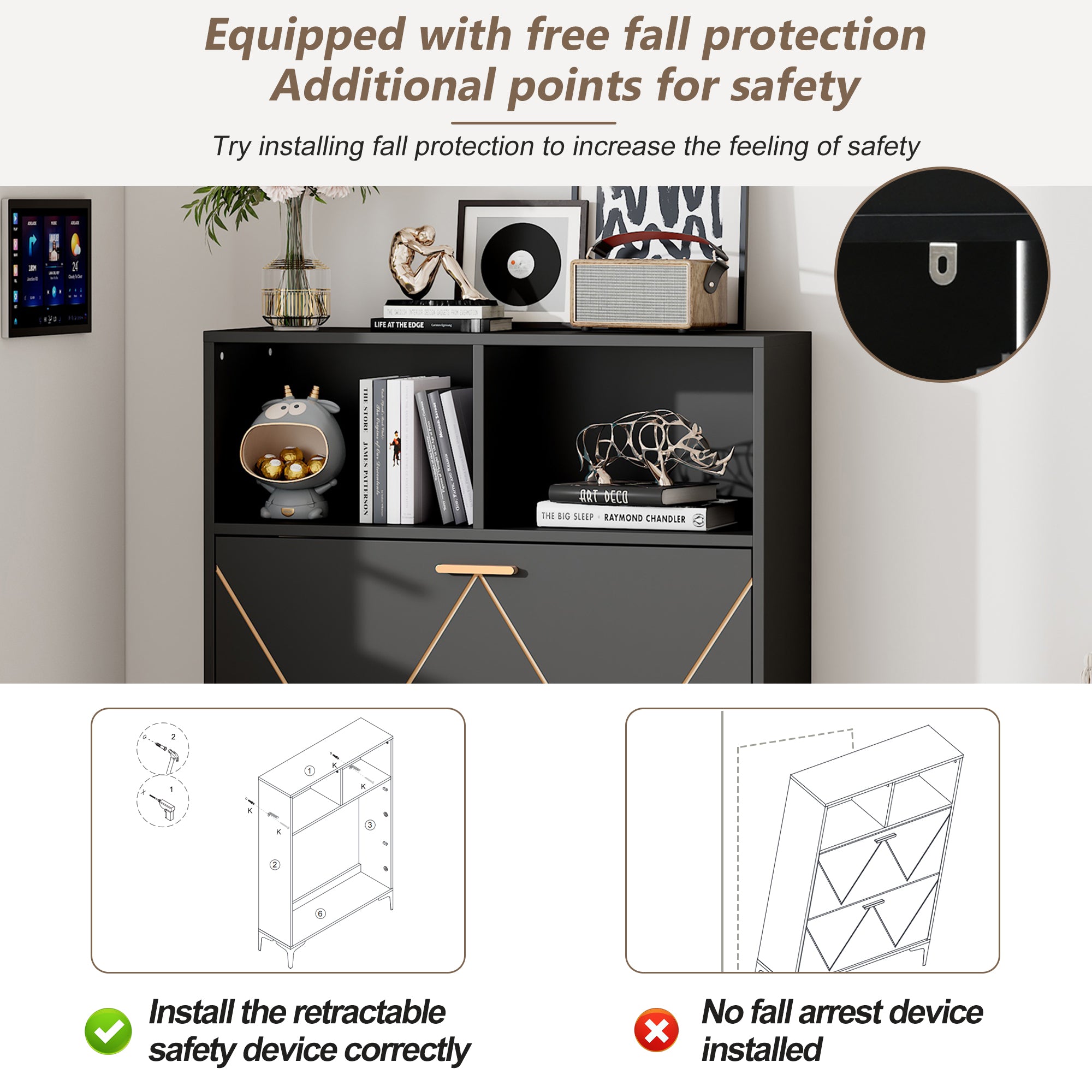 Logidon shoe cabinet 80x25x117 cm black with folding doors and four shoe shelves
