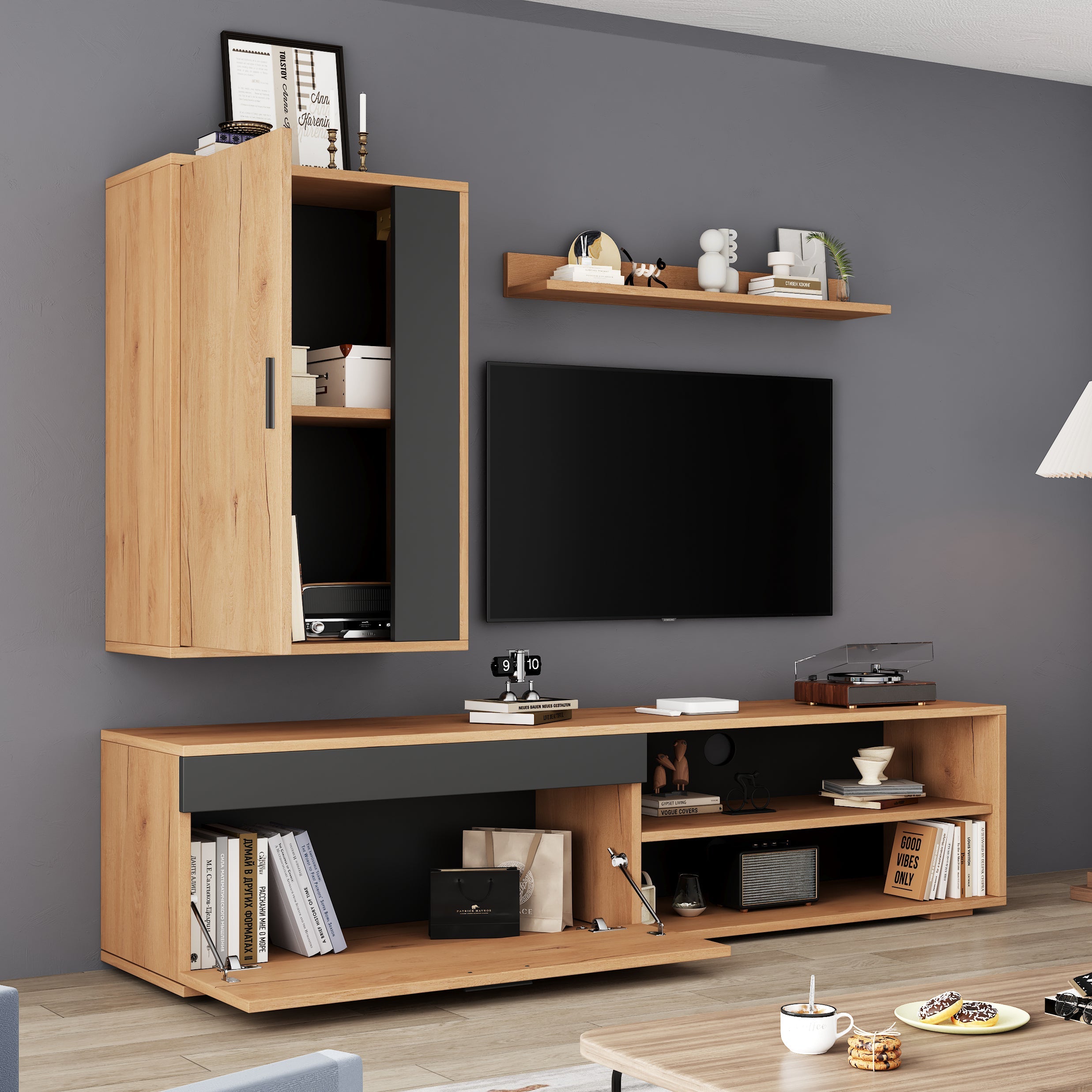 Logidon TV wandmeubelset 140 cm driedelig hout zwart