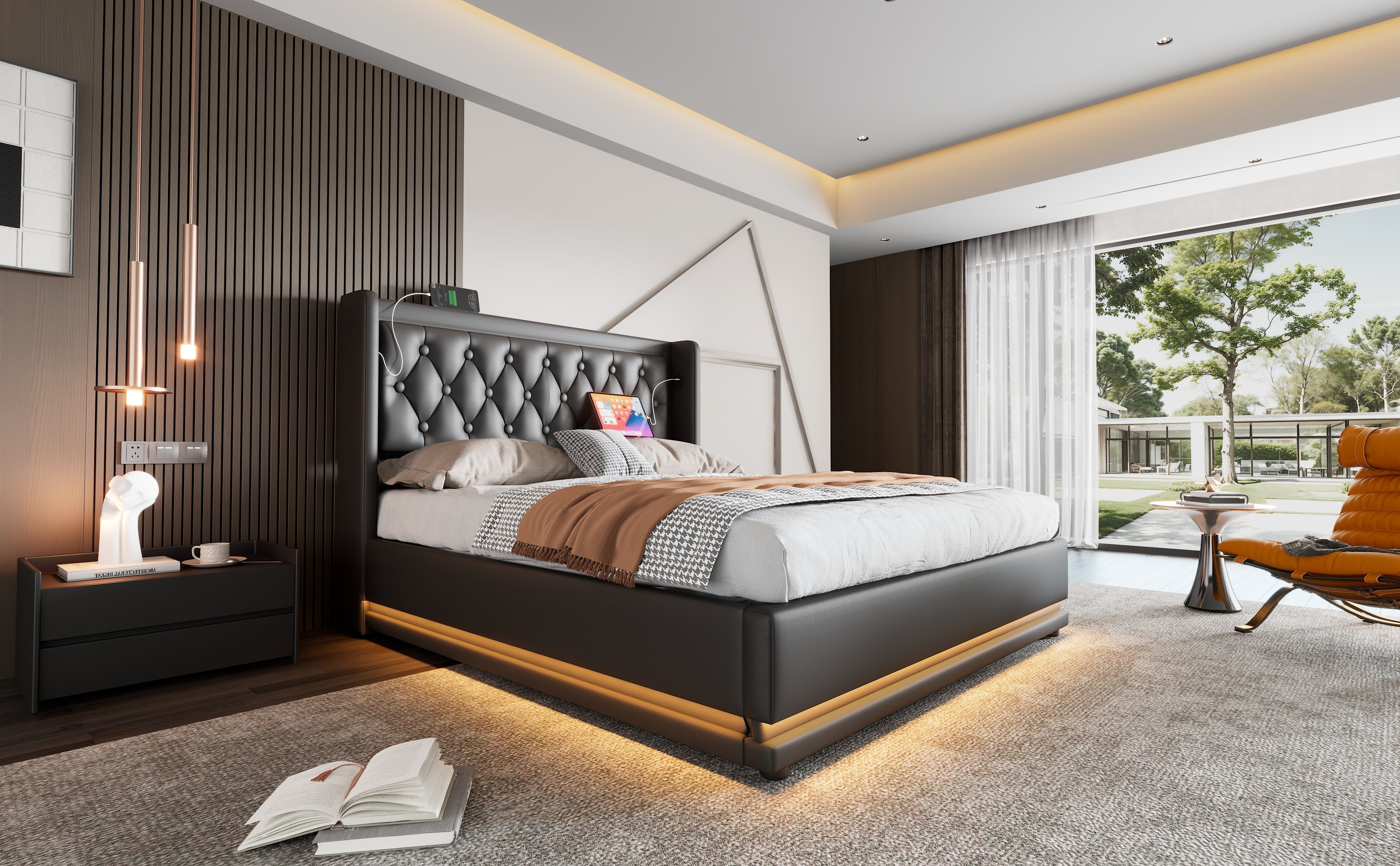 Logidon upholstered bed 140x200 black PU hydraulic storage space USB Type C charging function