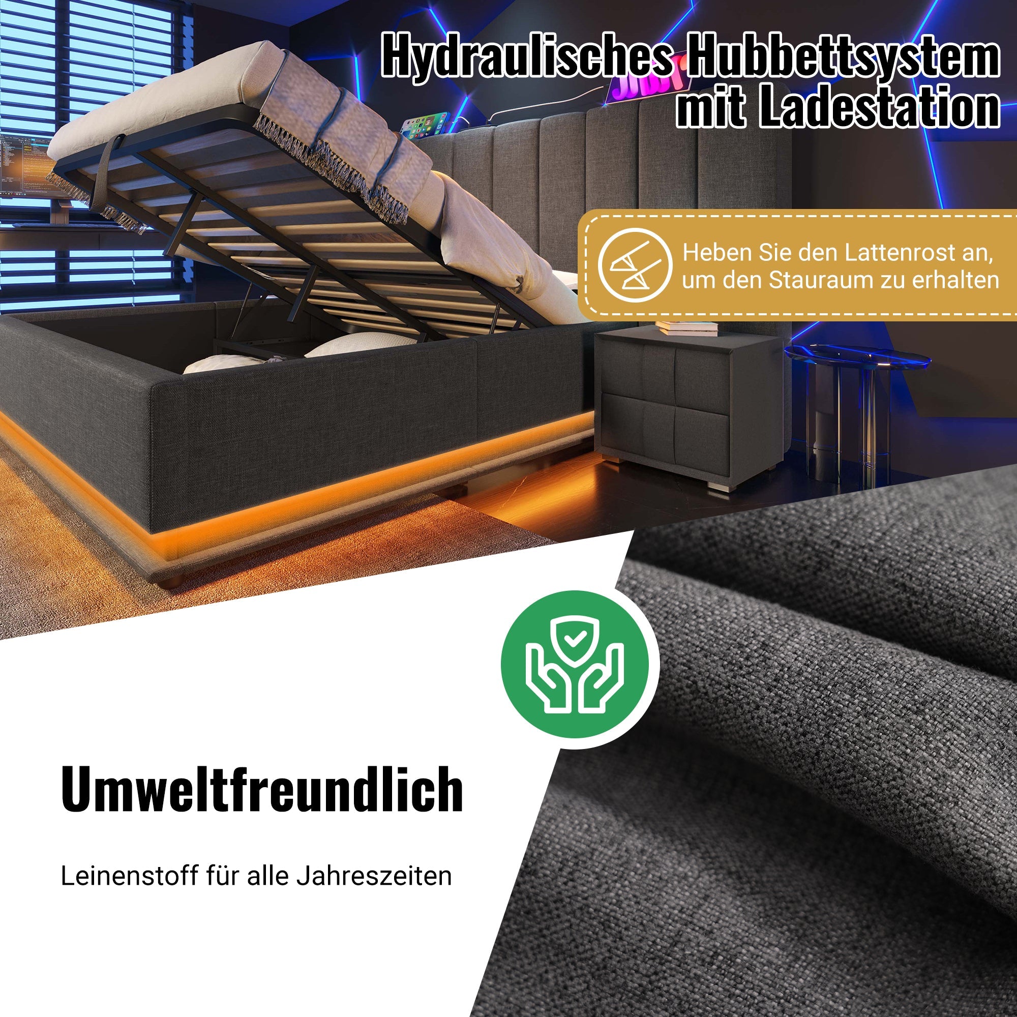 Logidon gestoffeerd bed 160x200 grijs met opbergruimte LED app bediening
