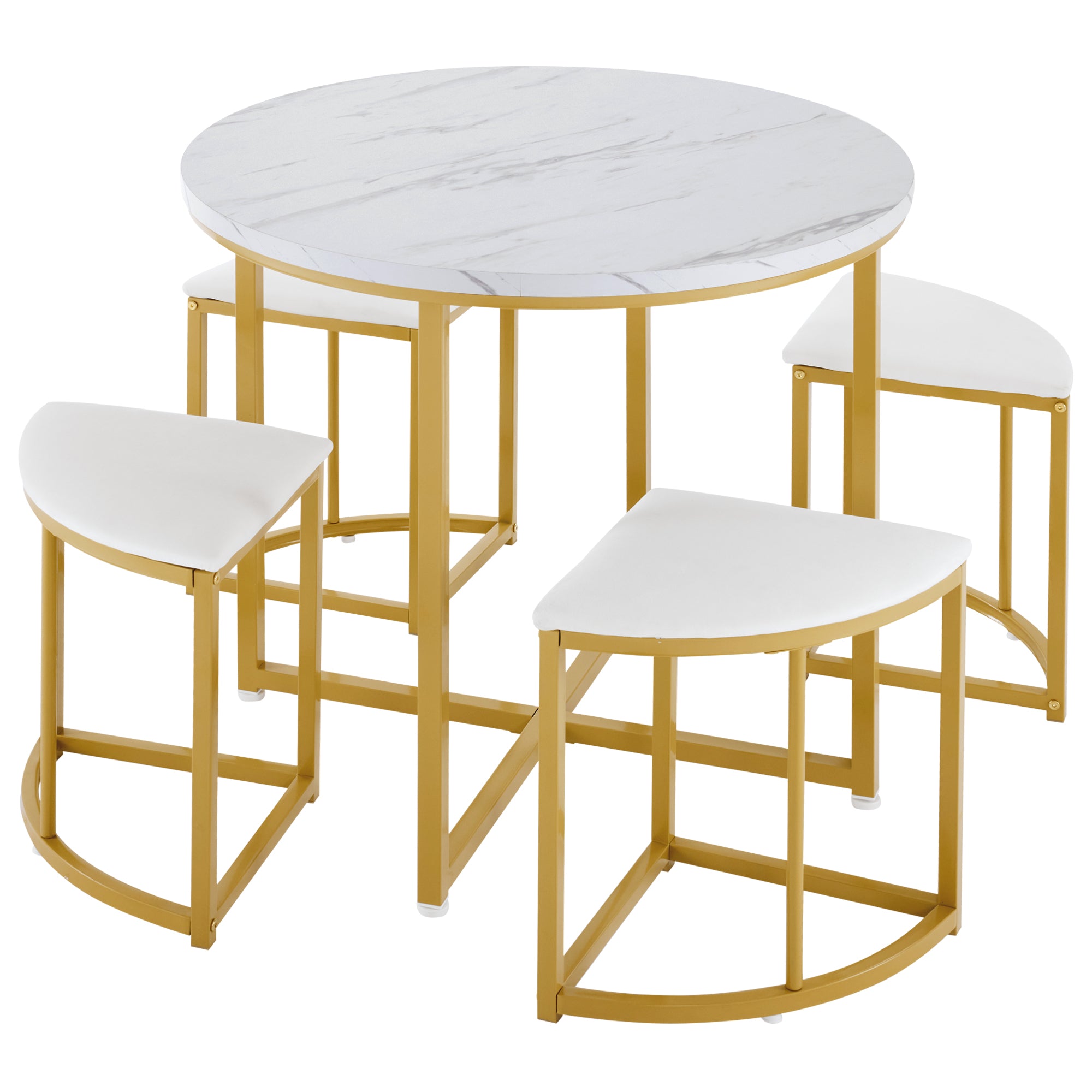Logidon eetkamerset ronde tafel wit marmerlook goud frame 4 stoelen