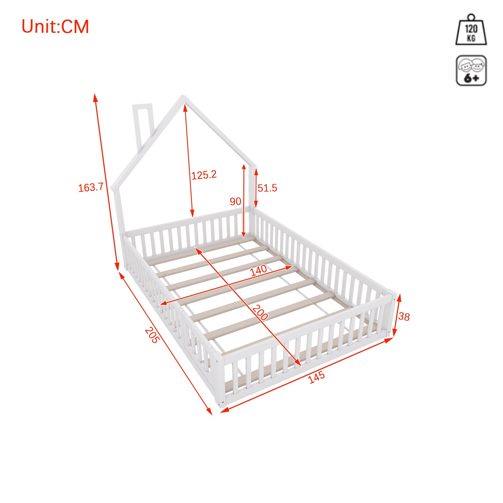 Logidon kinderbed 140x200 schouwvorm wit grenenhout met lattenbodem