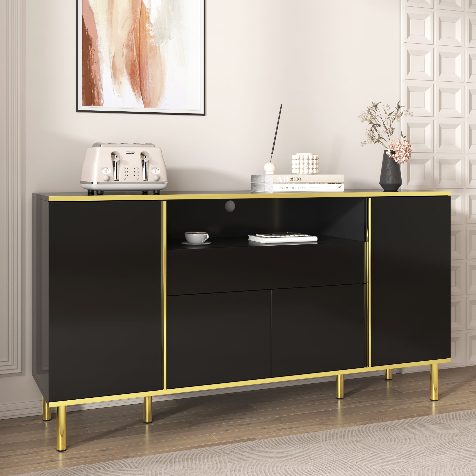 Logidon high-gloss sideboard black 150x40x80 with LED accents