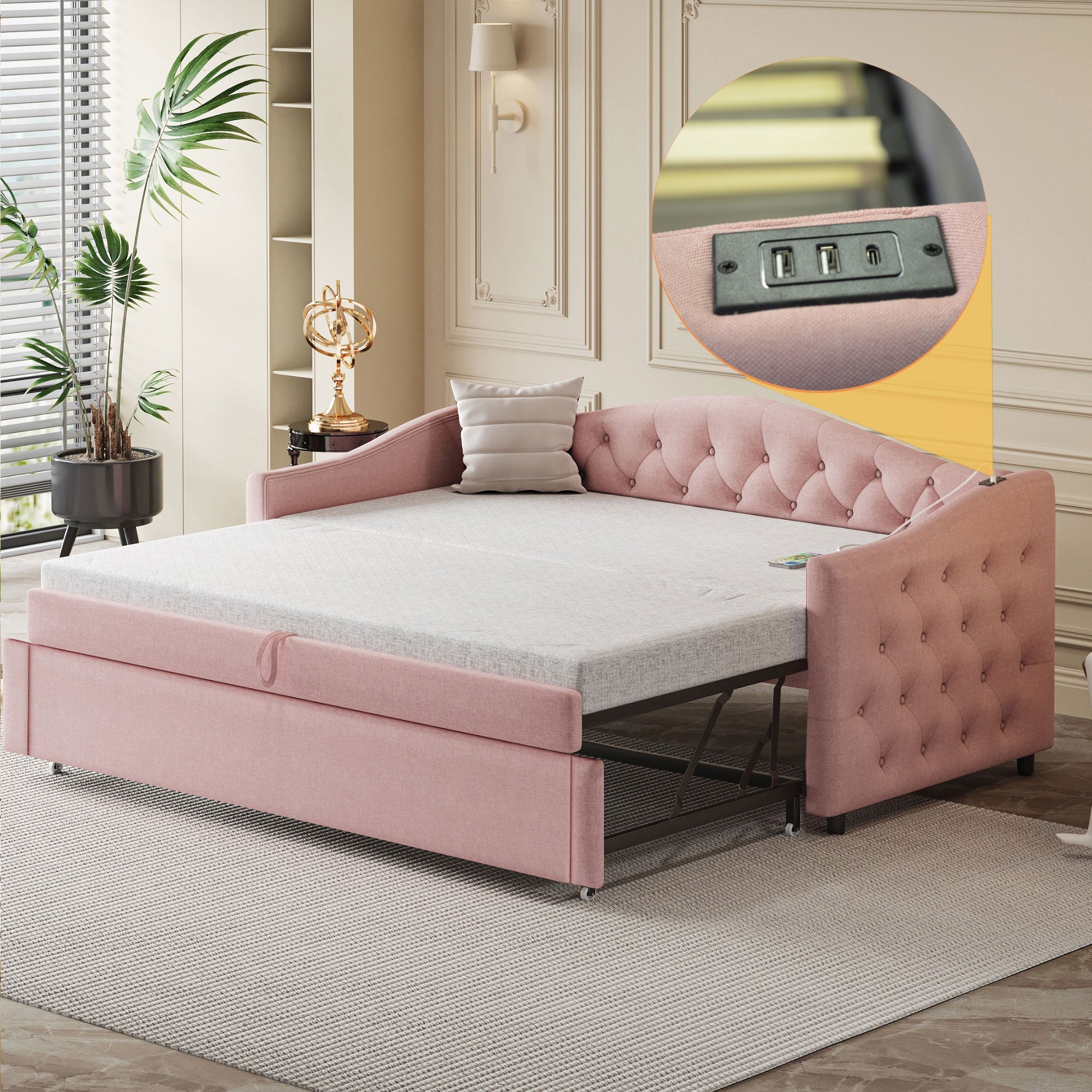 Logidon gestoffeerde slaapbank 90x200 roze linnen USB-aansluiting