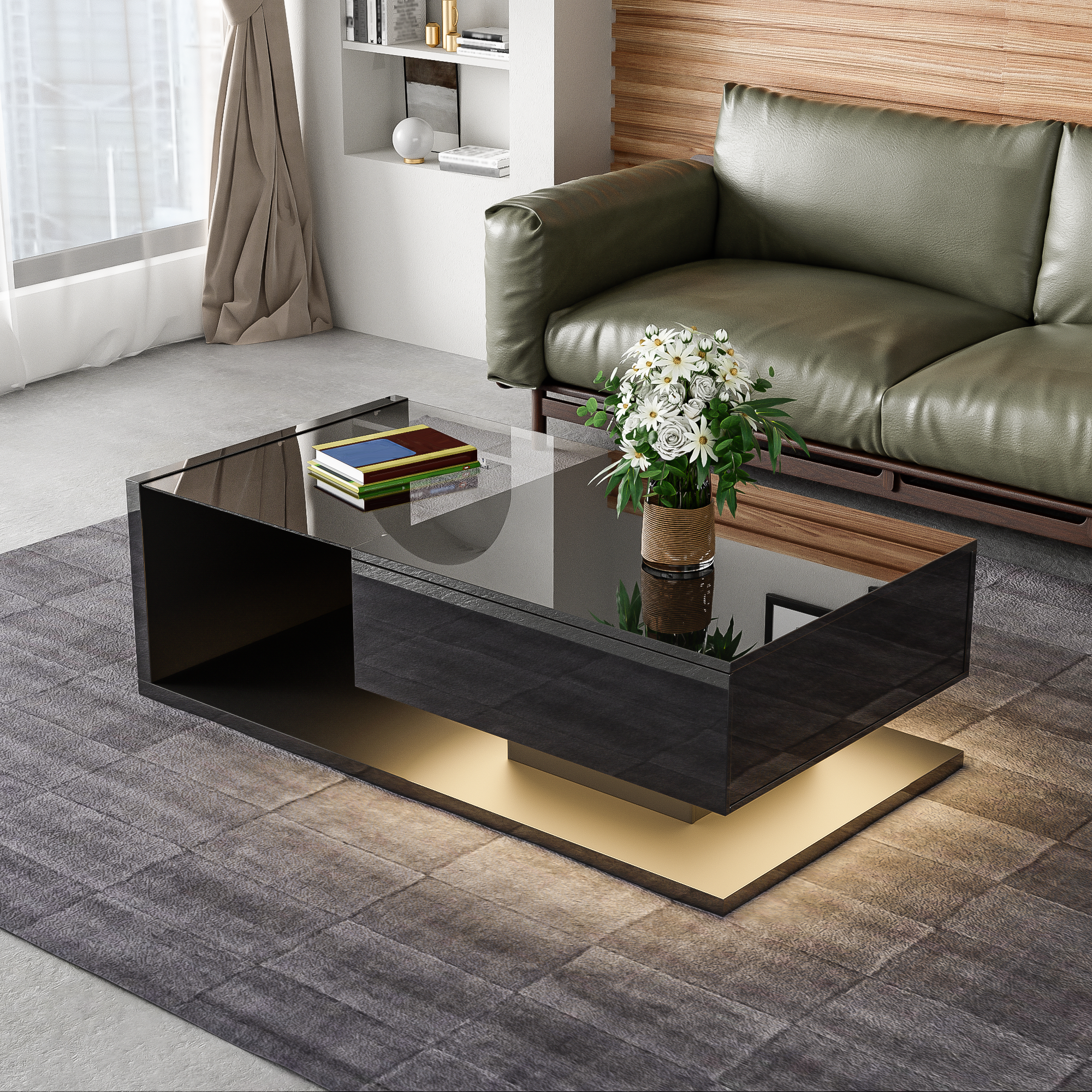 Logidon salontafel hoogglans zwart met glas en LED effect 105 cm