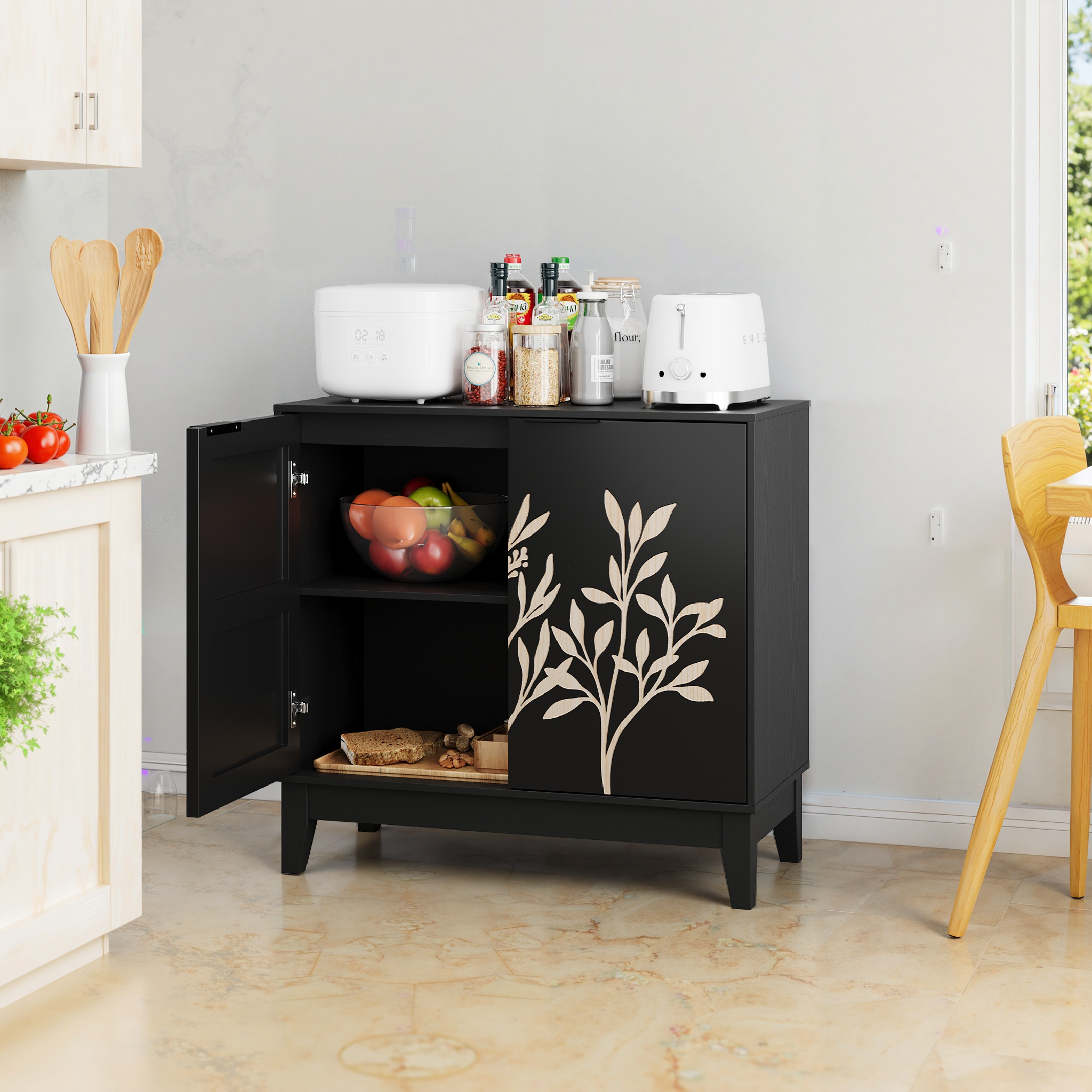 Logidon 80 cm Buffetschrank Schwarz Mit Schnitzwerk Und Verstellbaren Regalen
