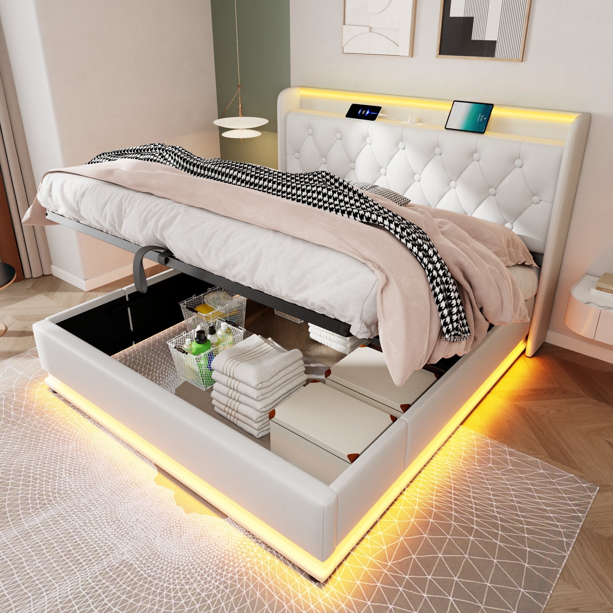 Logidon gestoffeerd bed tweepersoonsbed 140x200 cm wit PU 360 Surround LED