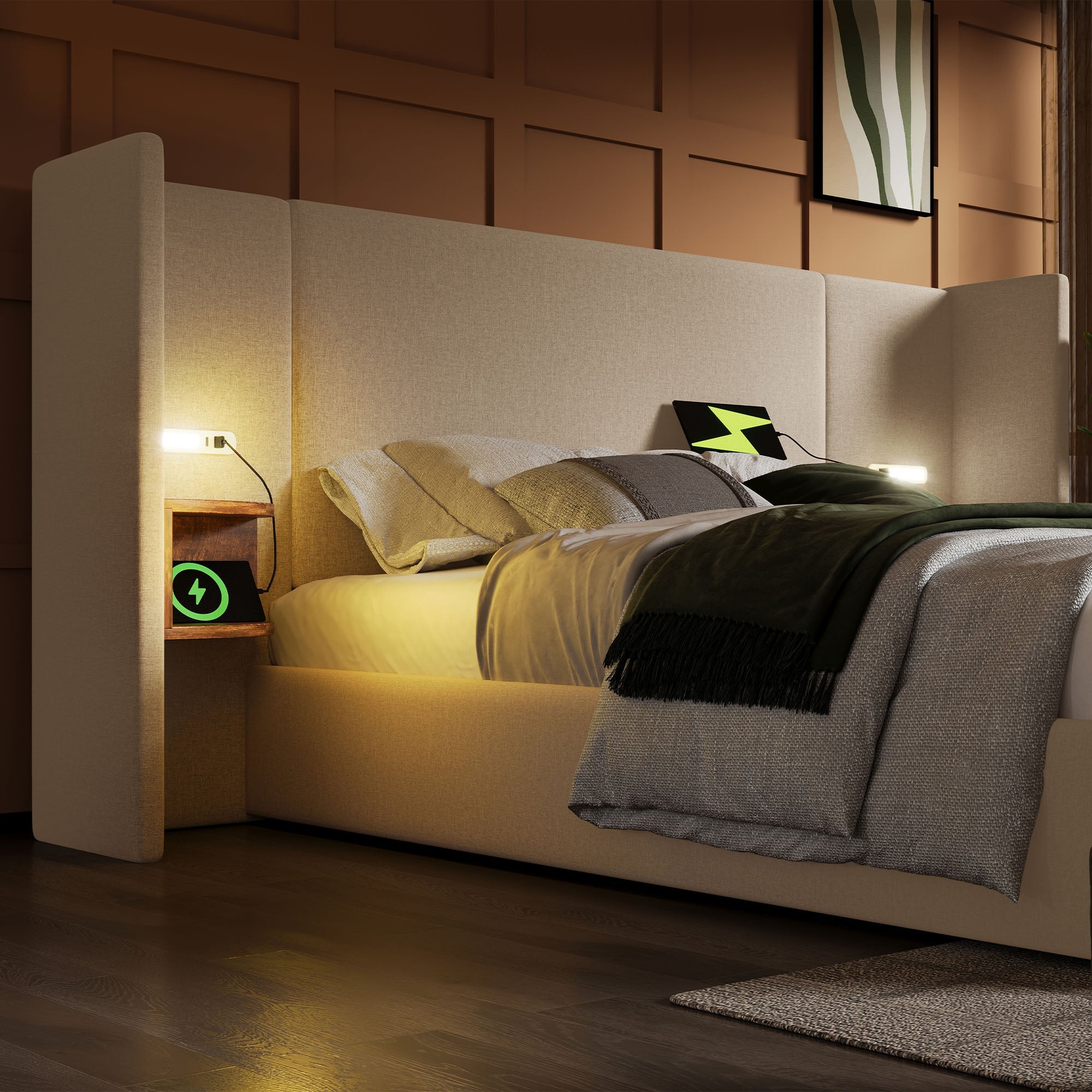 Logidon upholstered bed 160x200 beige with USB C charging function