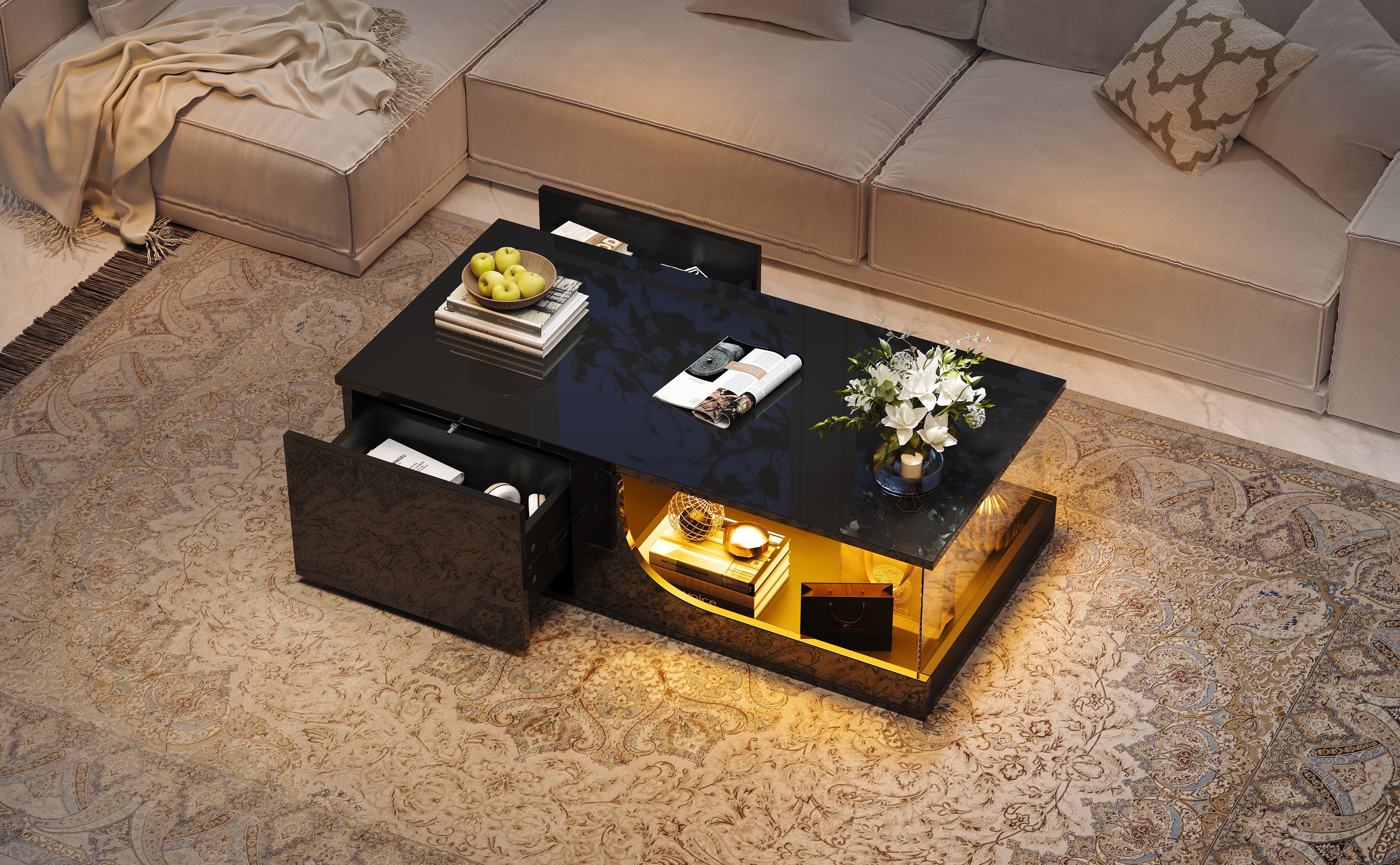 Logidon Zwarte hoogglans salontafel 100x50x30 cm LED-verlichting