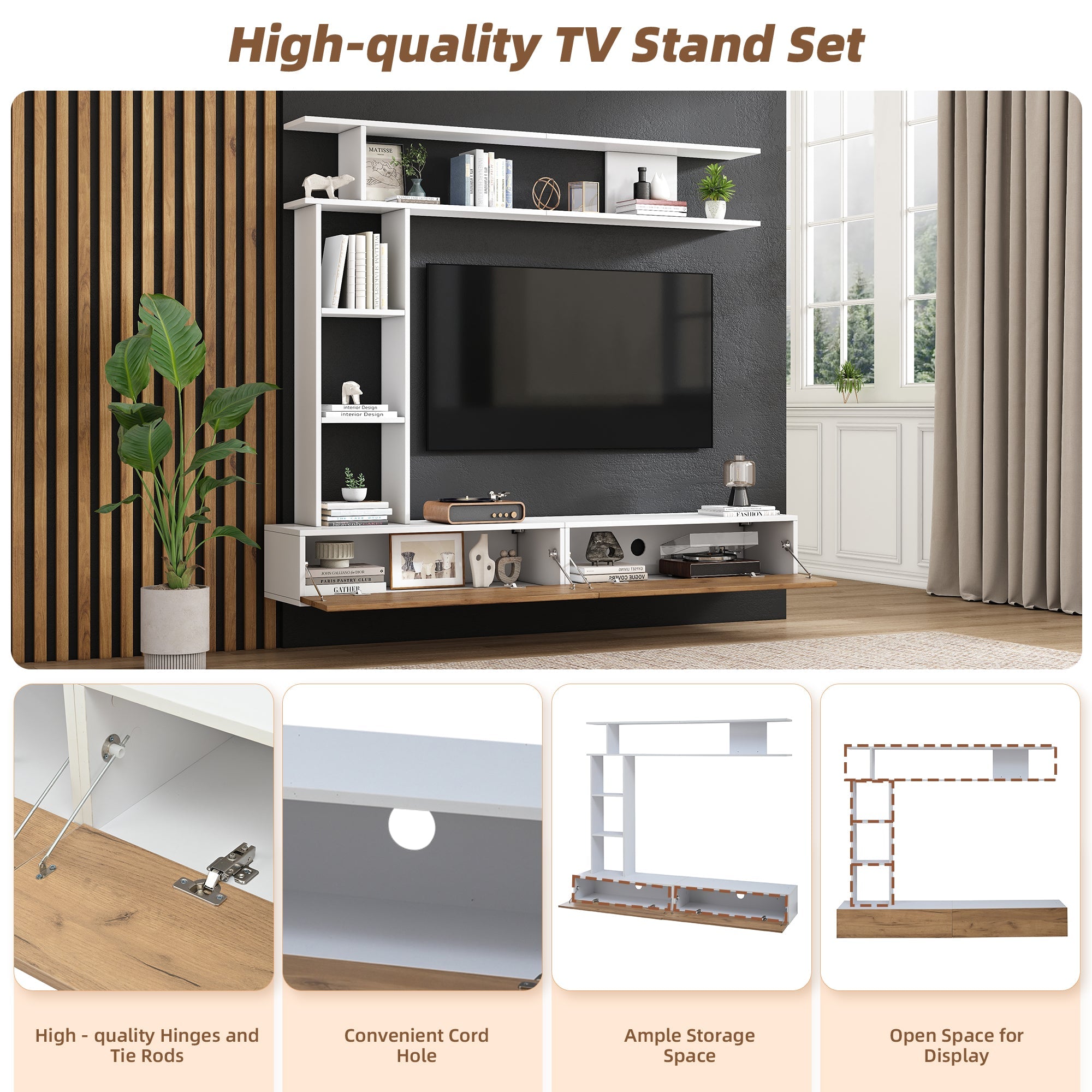 Logidon TV wandmeubel 180 cm wit houtlook met vitrinekasten