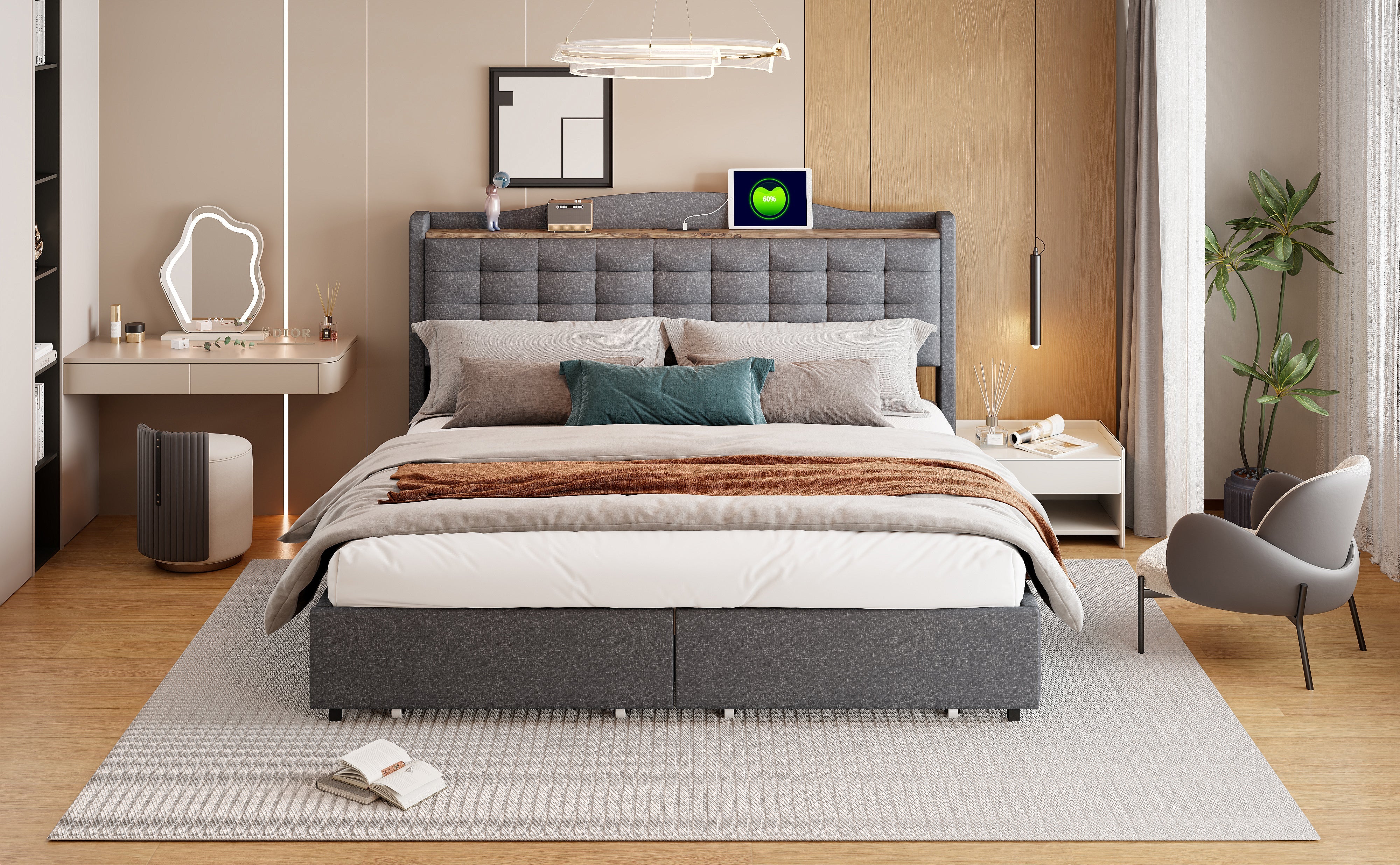 Logidon upholstered bed 160x200 cm gray with USB charging port and shelf