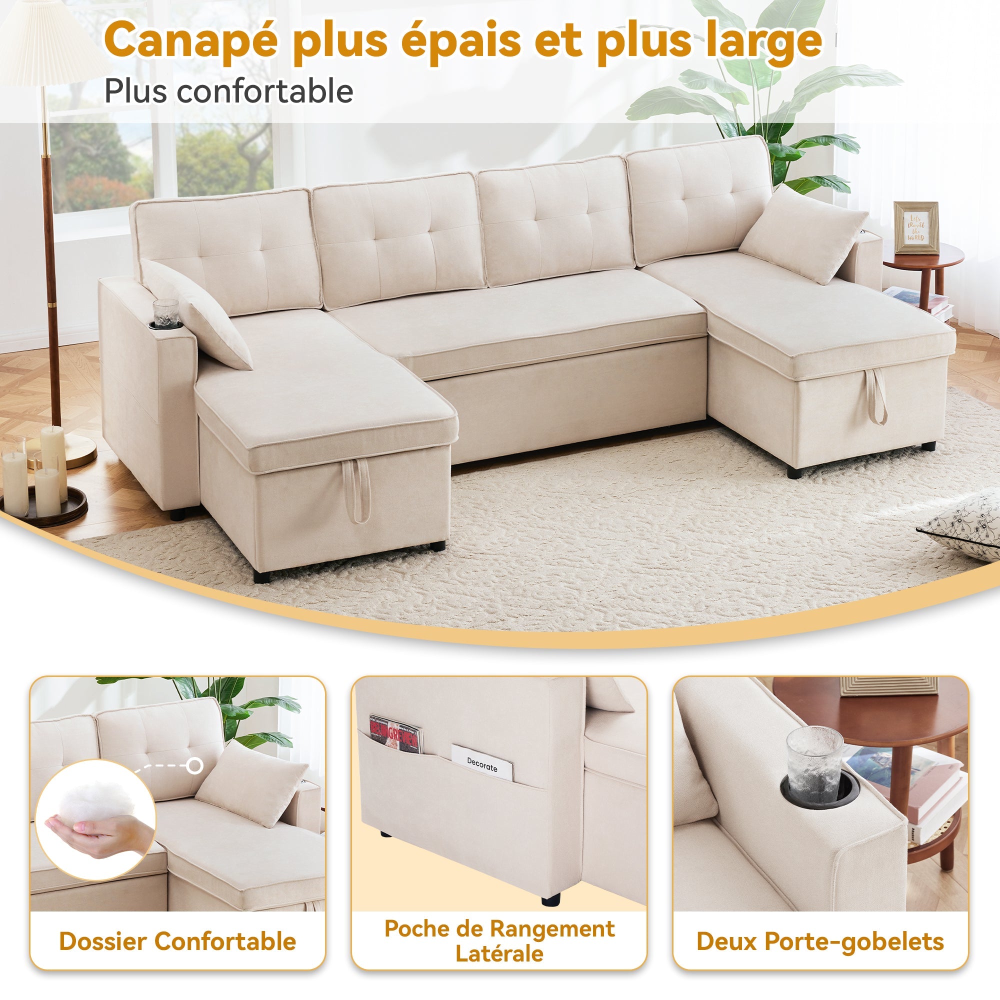 Logidon U-vormige slaapbank, beige stof, grote 4-zits bekerhouder