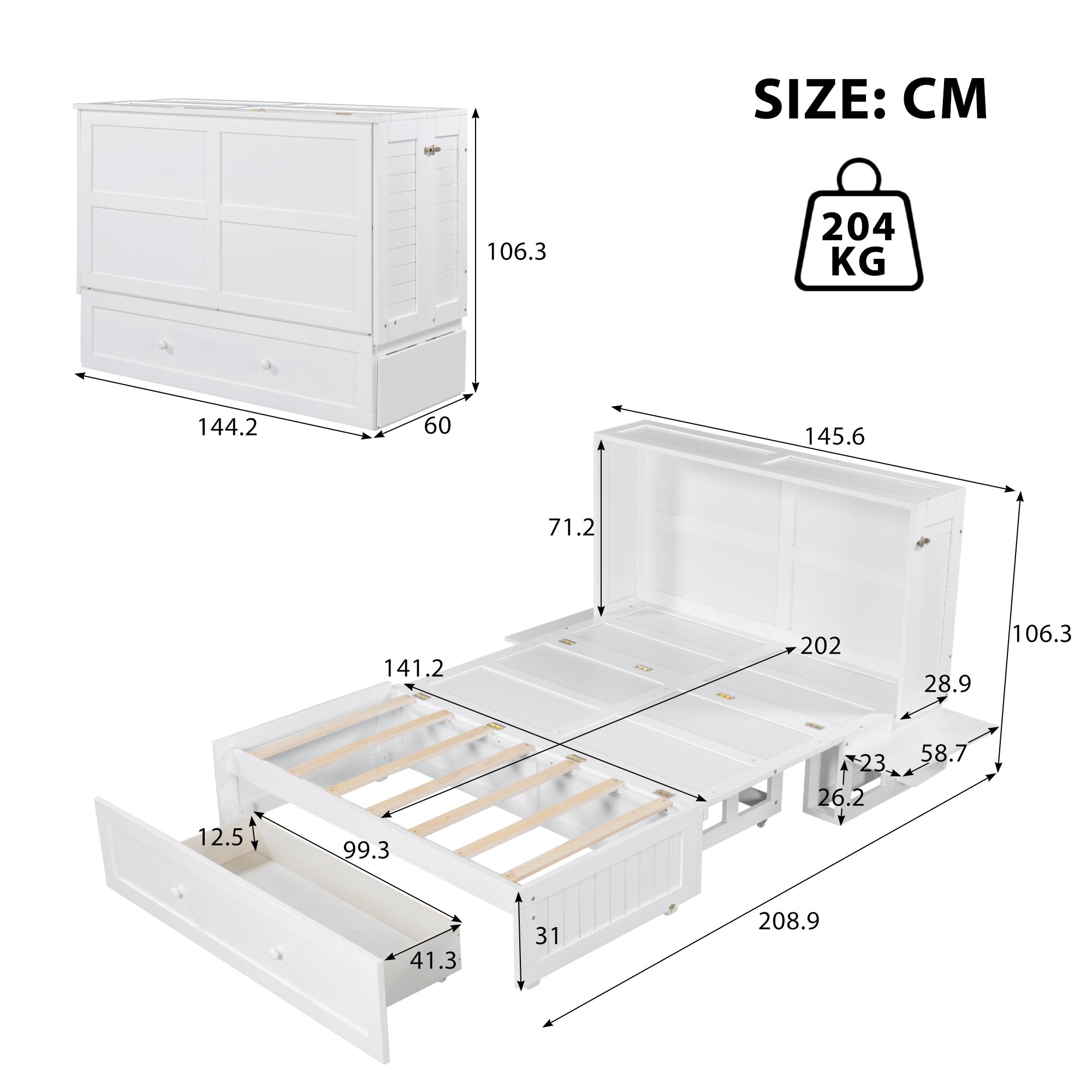 Logidon 140x200 opklapbed met lades en zijplank wit