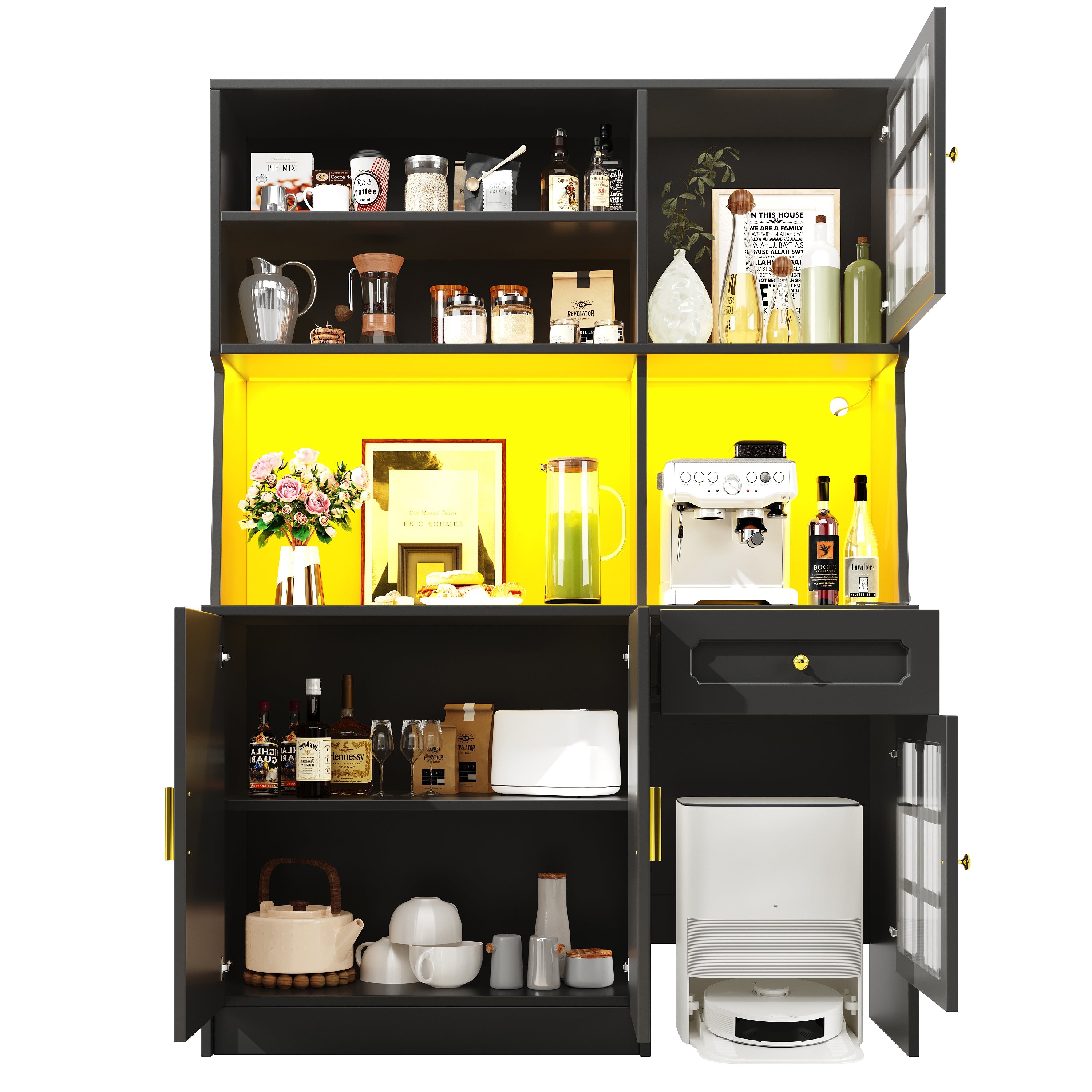 Logidon keukenkast 130x45x180 cm met glazen deuren en LED zwart