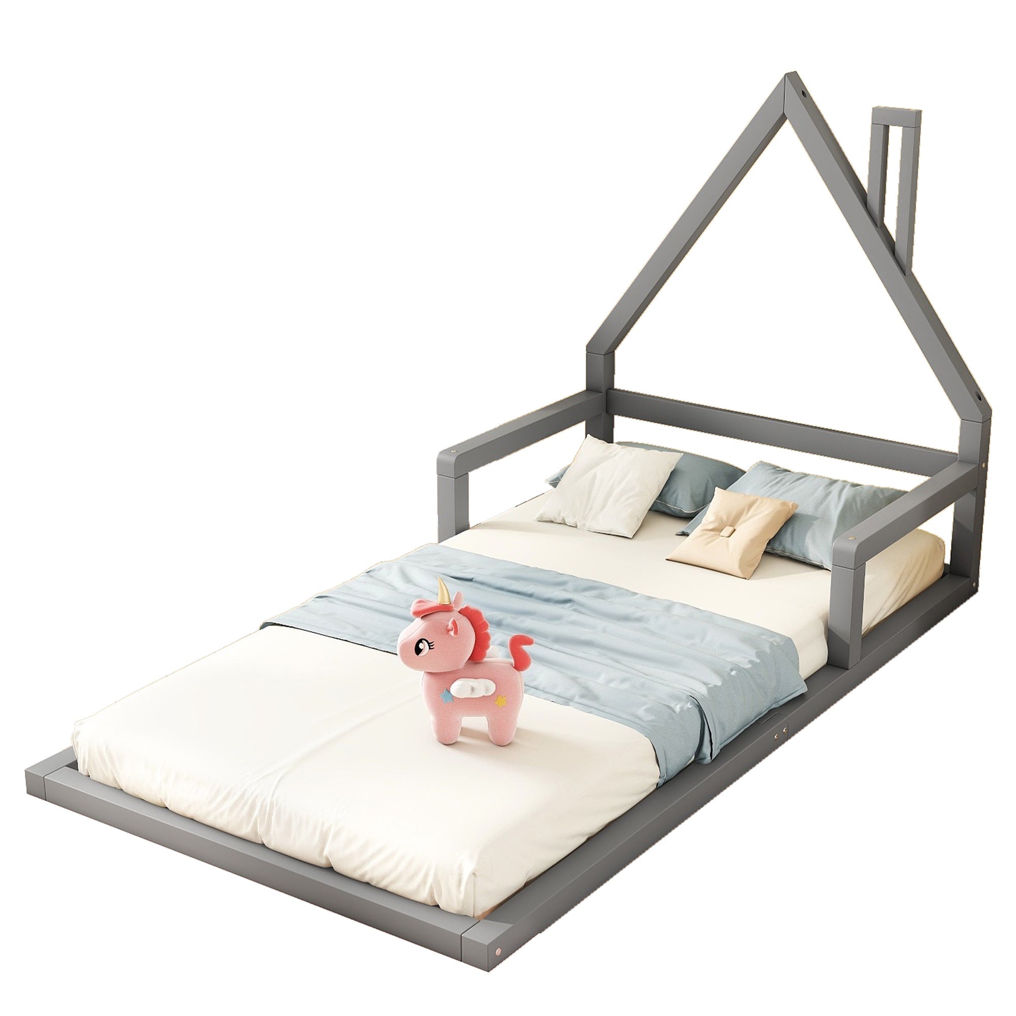 Logidon kinderbed 90x200 cm plat bed huisvorm grijs massief hout