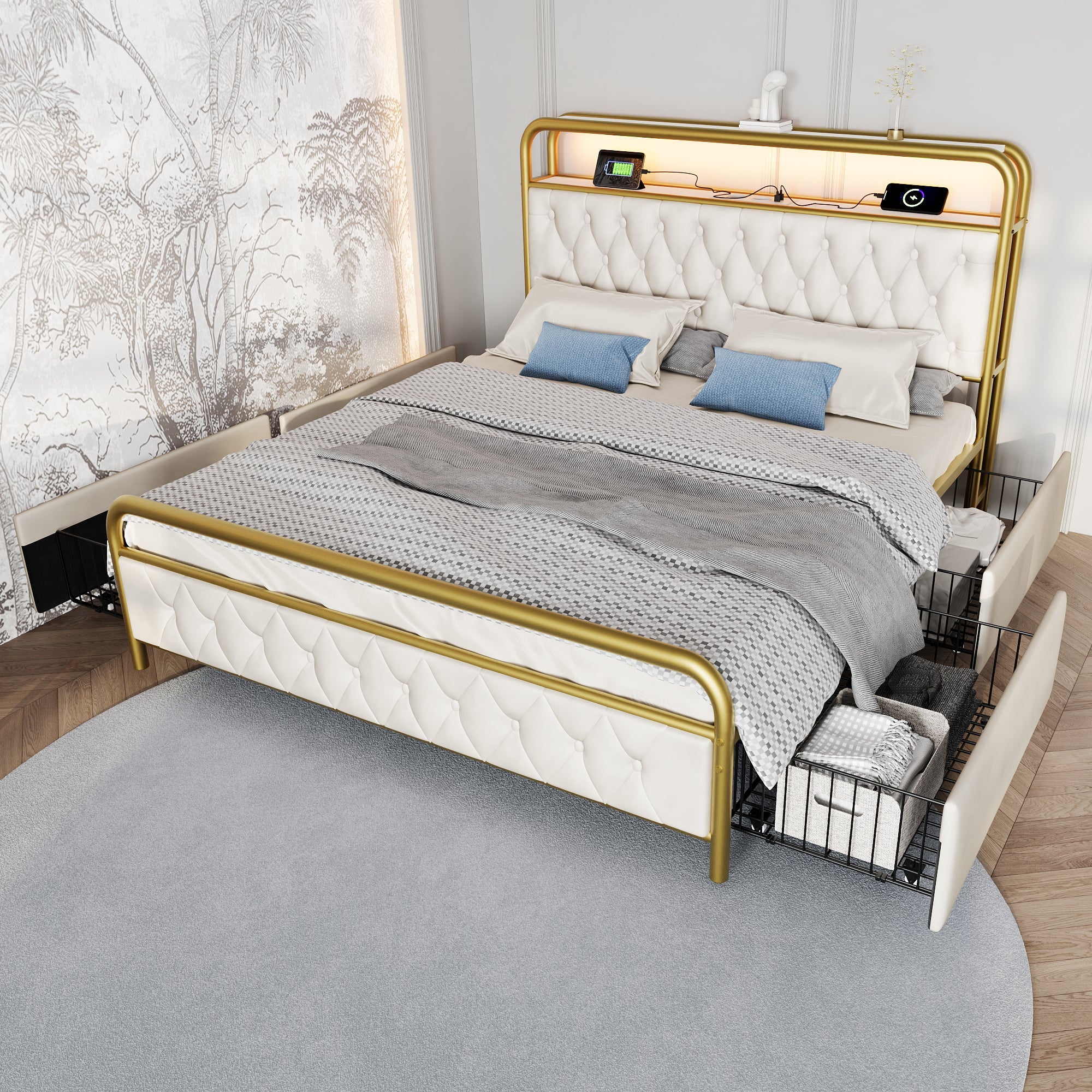 Logidon gestoffeerd bed 140x200 wit fluweel USB Type C oplaadfunctie