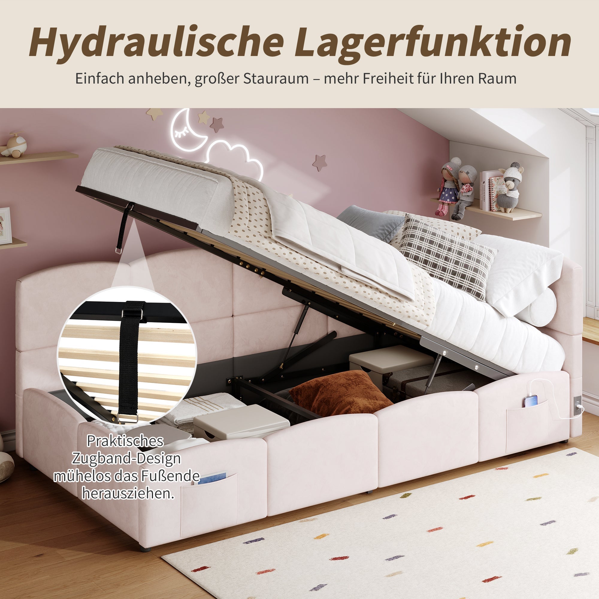 Logidon fluweel gestoffeerd bed roze 90x200 met lattenbodem en opbergruimte