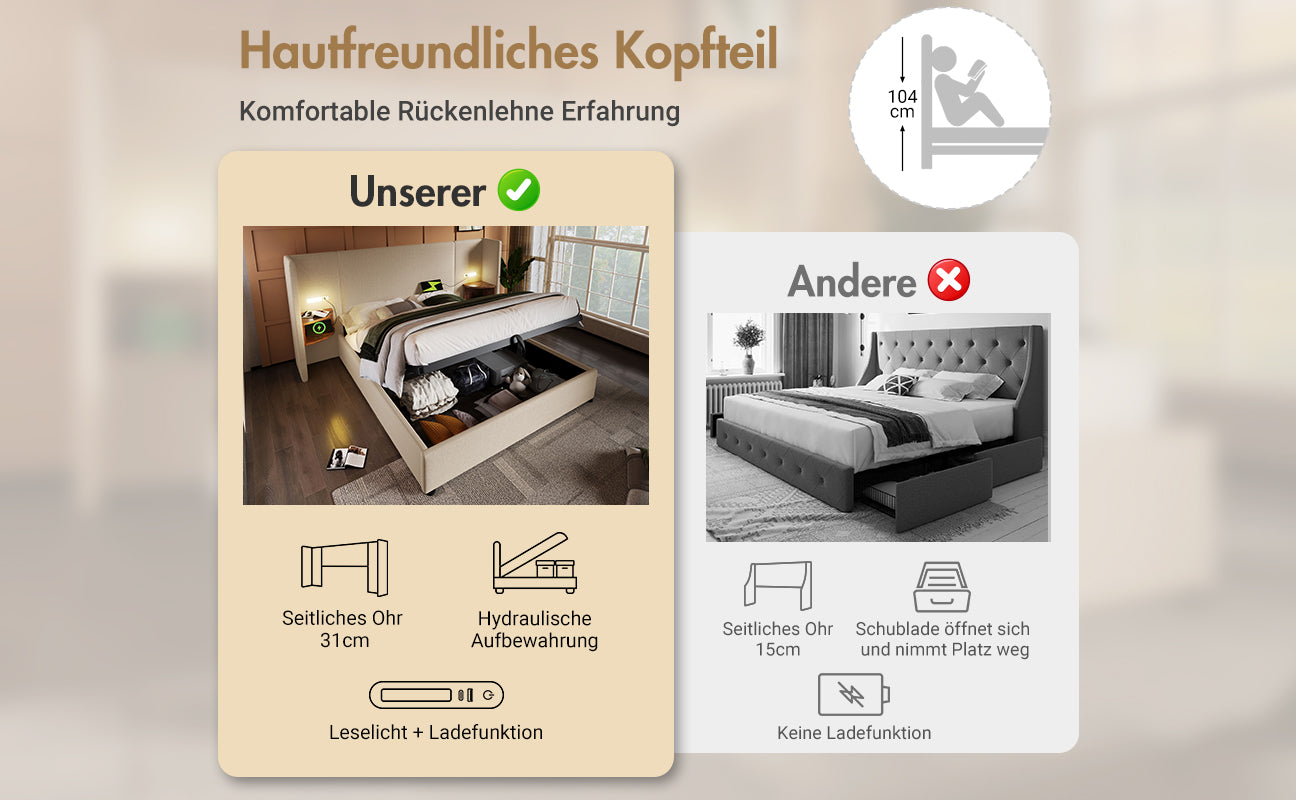 Logidon upholstered bed 160x200 double bed beige linen with storage space