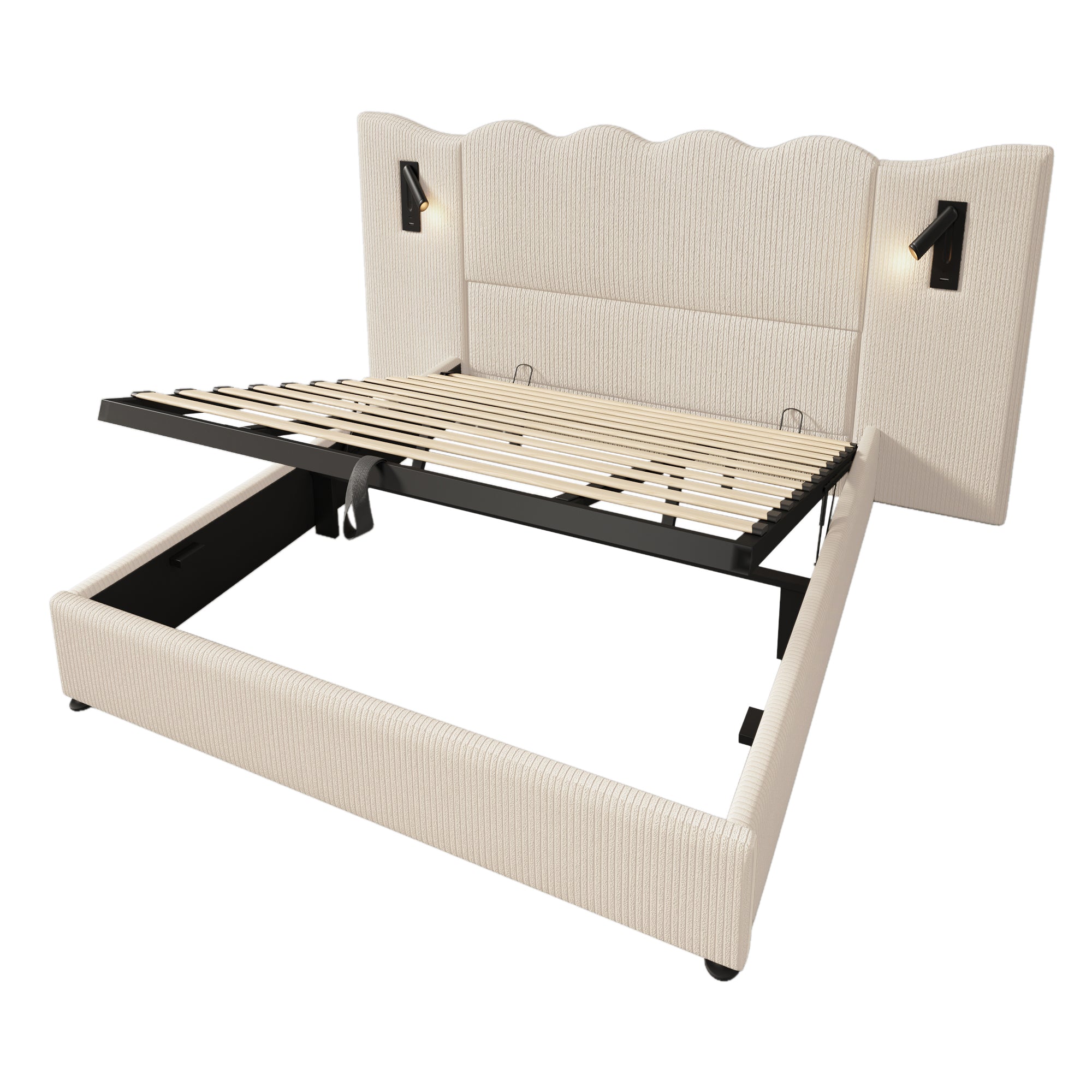 Logidon gestoffeerd bed tweepersoonsbed 180x200 beige-wit leeslamp USB-C opladen