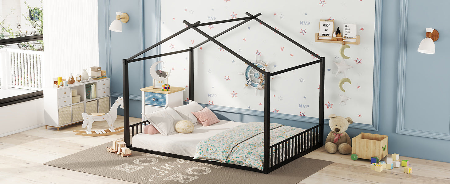 Logidon 140x200cm plat bed huisbed met ijzeren frame zwart