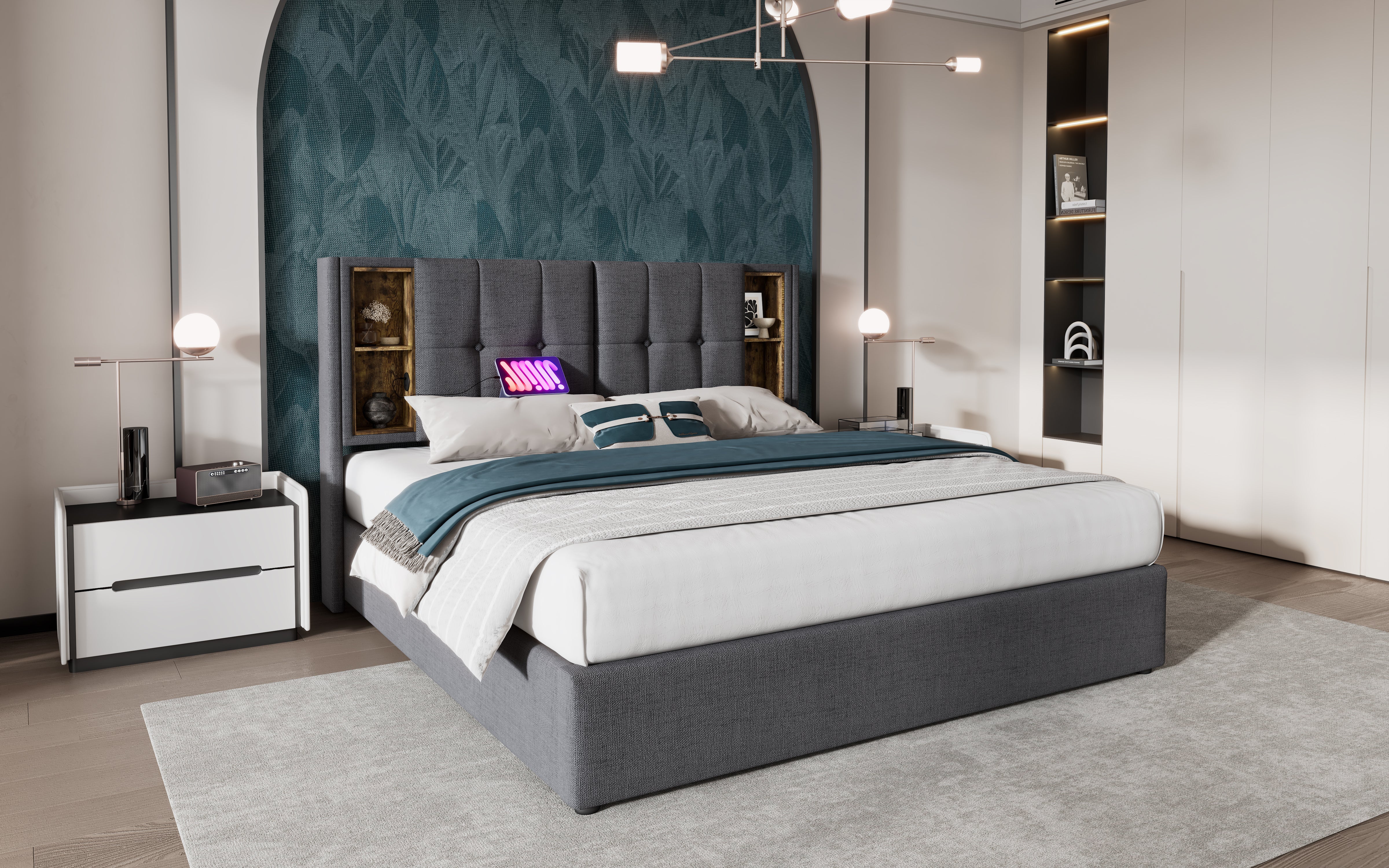 Logidon tweepersoonsbed met draadloos opladen USB C 140x200 grijs gestoffeerd bed