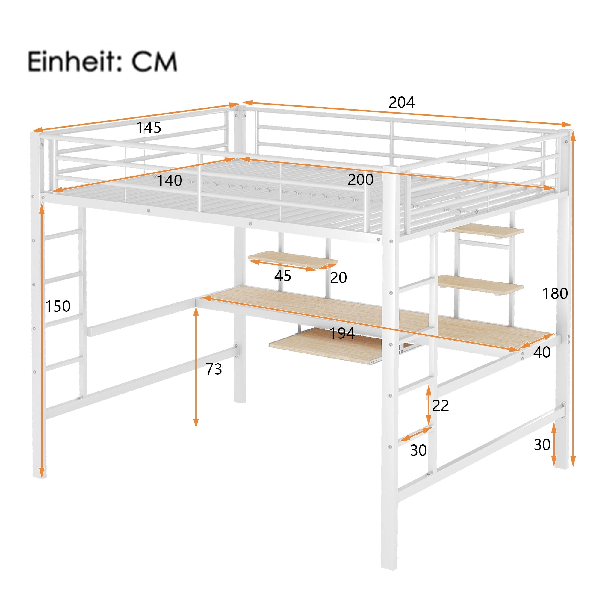 Logidon hoogslaper 140x200 cm metalen bed met bureau en plank wit