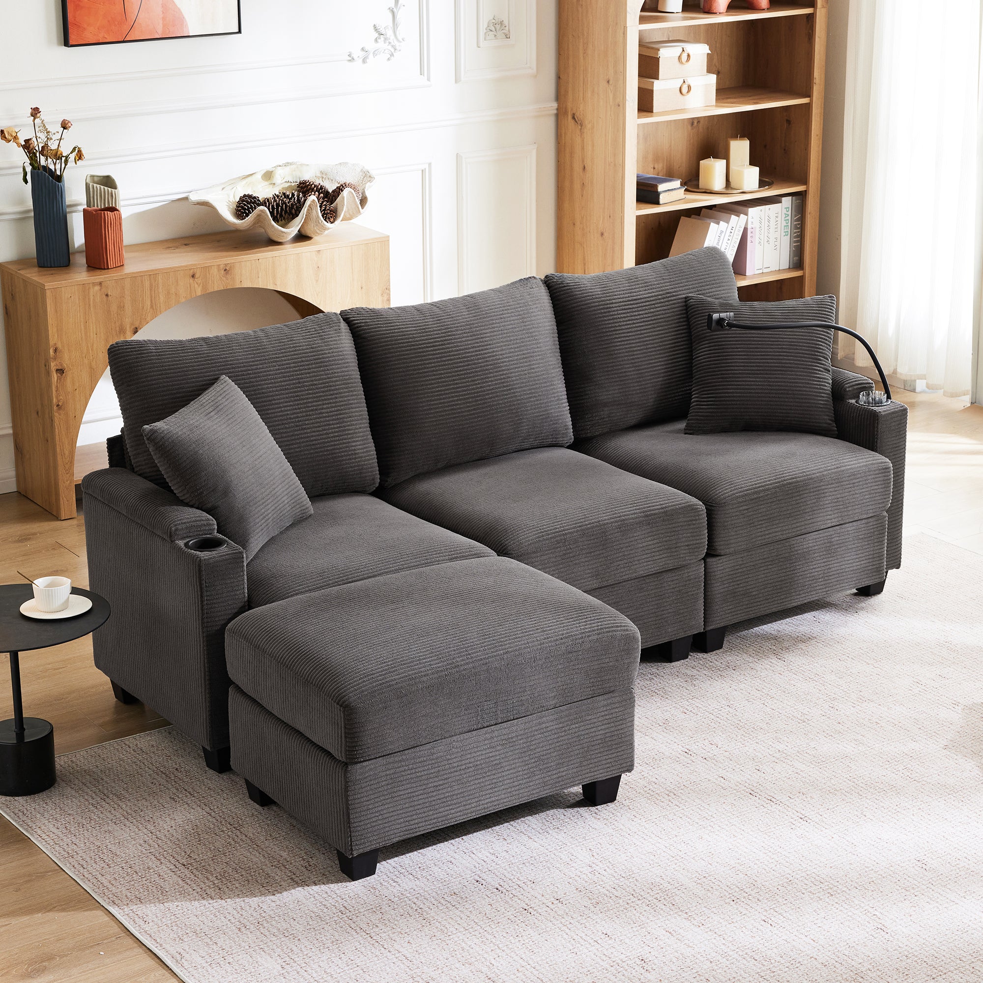 Logidon L-vorm Hoekbank Donkergrijs Corduroy Met USB-oplader