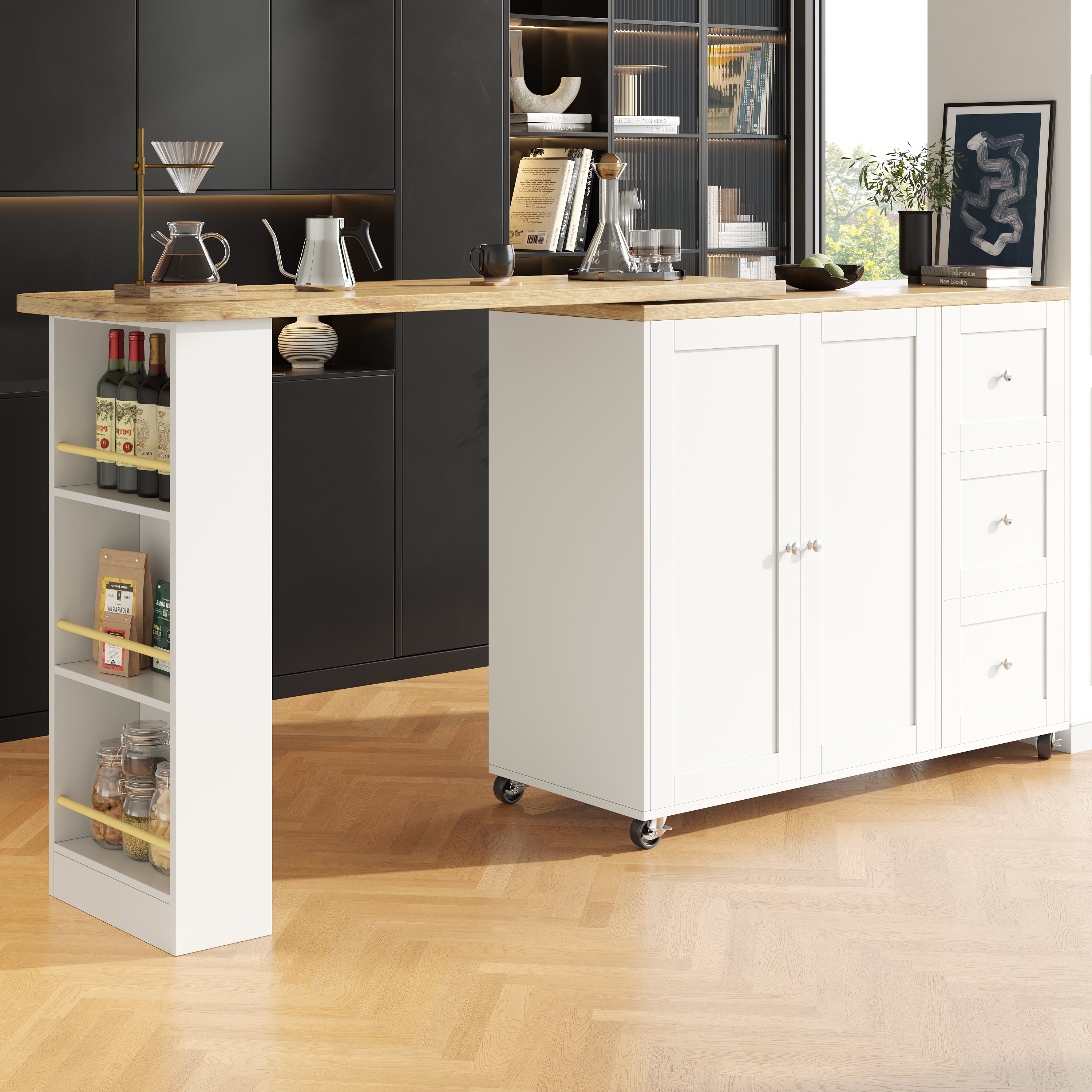 Logidon Swivel Dining Table White with Wheels Three Drawers 138-209 cm
