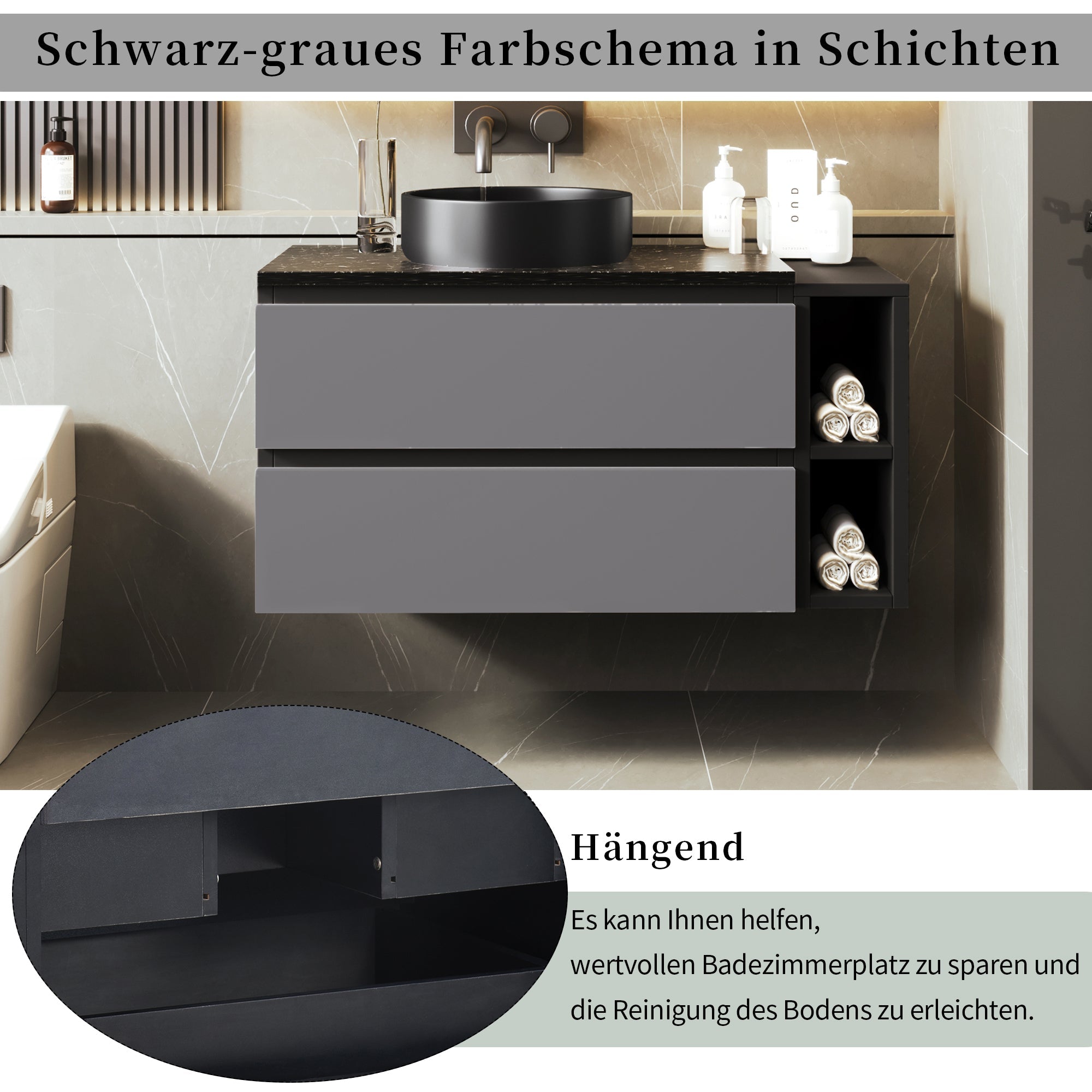 Logidon sink base cabinet hanging 80 cm black gray drawers