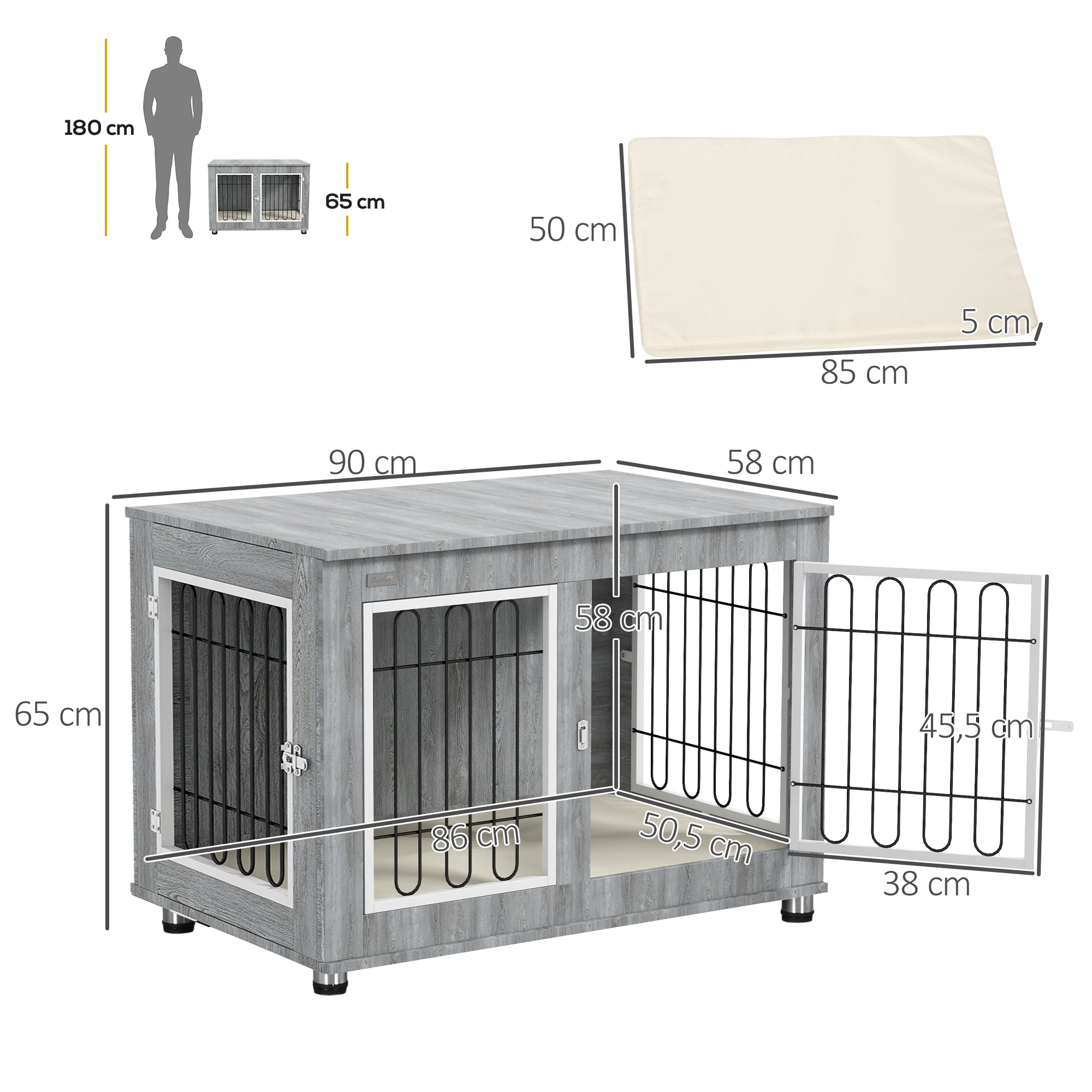 Logidon Hondenkooi Grijs 90x58x65 cm met kussens en dubbele deuren