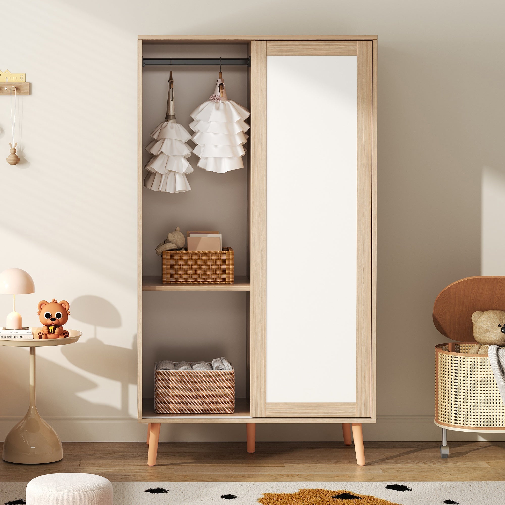Logidon Children's Wardrobe Sliding Door Open Wardrobe White Natural Wood 141.5 cm