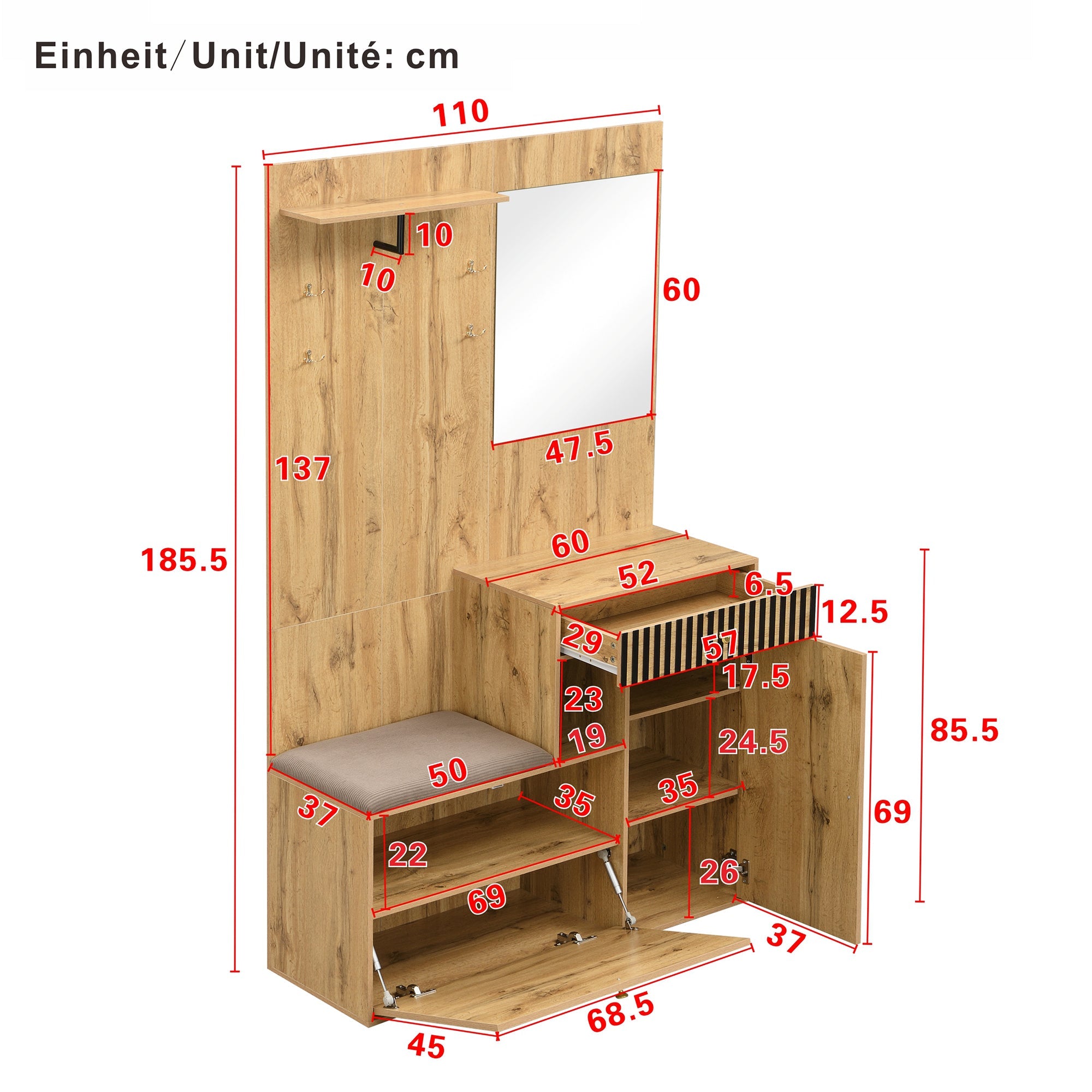 Logidon kledingkastset compacte kledingkast 110x185,5x37 cm natuurlijke MDF spiegel
