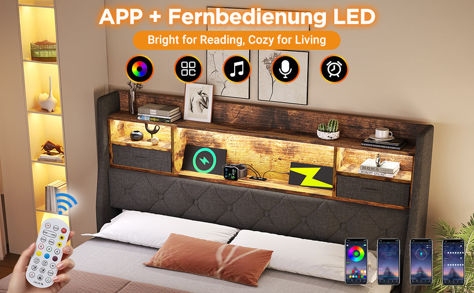 Logidon gestoffeerd bed 160x200 cm met opbergruimte, LED-hoofdbord, USB-C