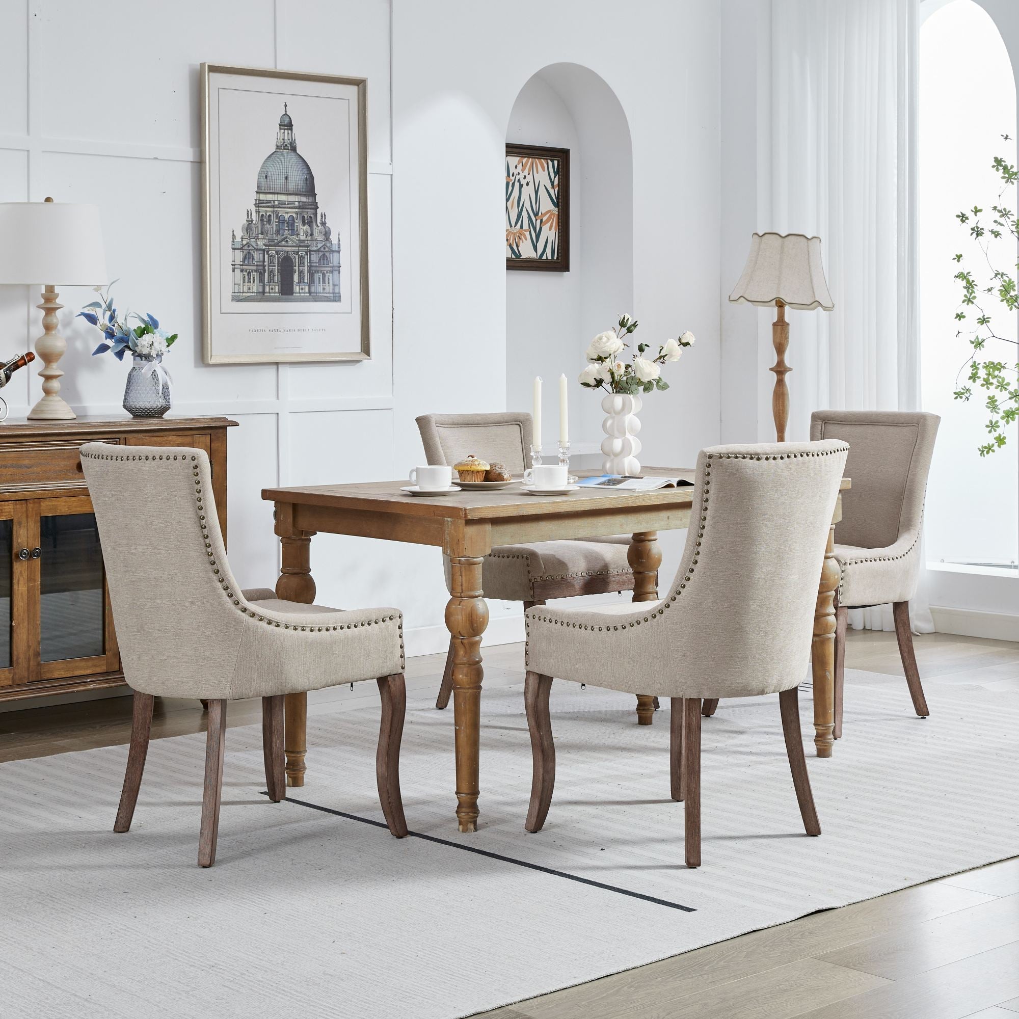 Logidon Ultra Side Dining Chair Beige Set Of 2 Bronze Nail Studs