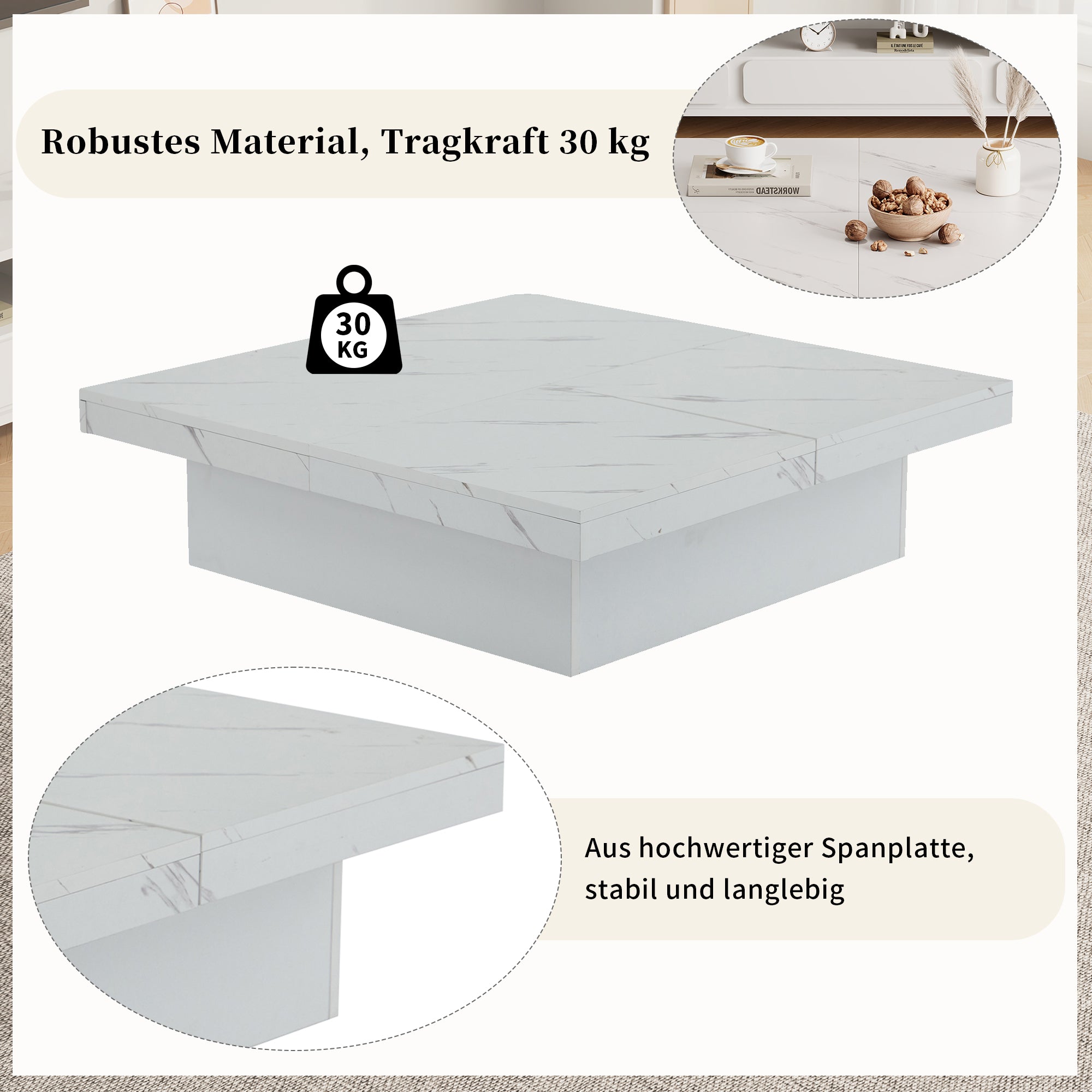 Logidon vierkante salontafel wit marmerlook 90x90x25 cm met lades