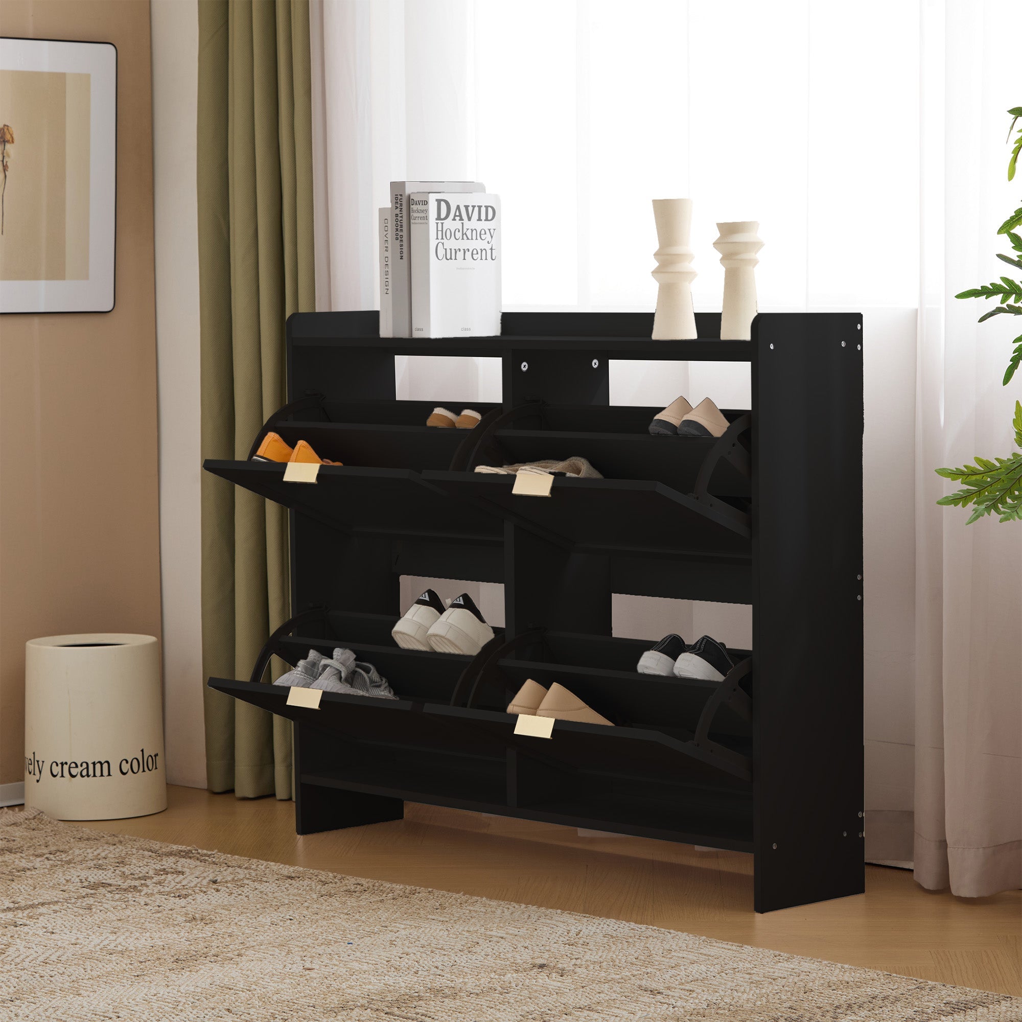 Logidon Moderne Schoenenkast Met 4 Kleppen Zwart 110 x 24 x 90 cm