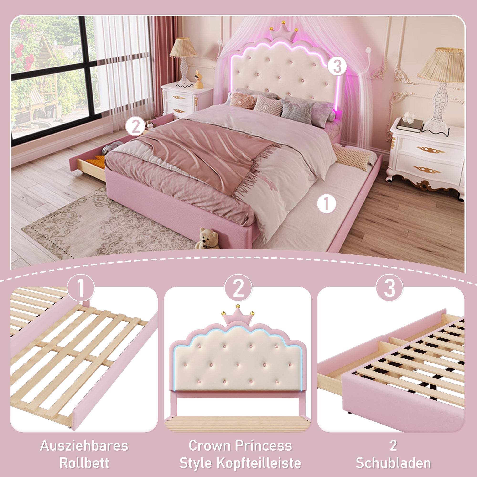 Logidon gestoffeerd bed 140x200 roze met lattenbodem LED-verlichting
