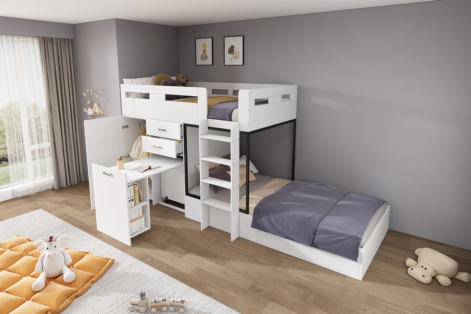 Logidon stapelbed met uitschuifbaar bureau en kledingkast wit 90x200