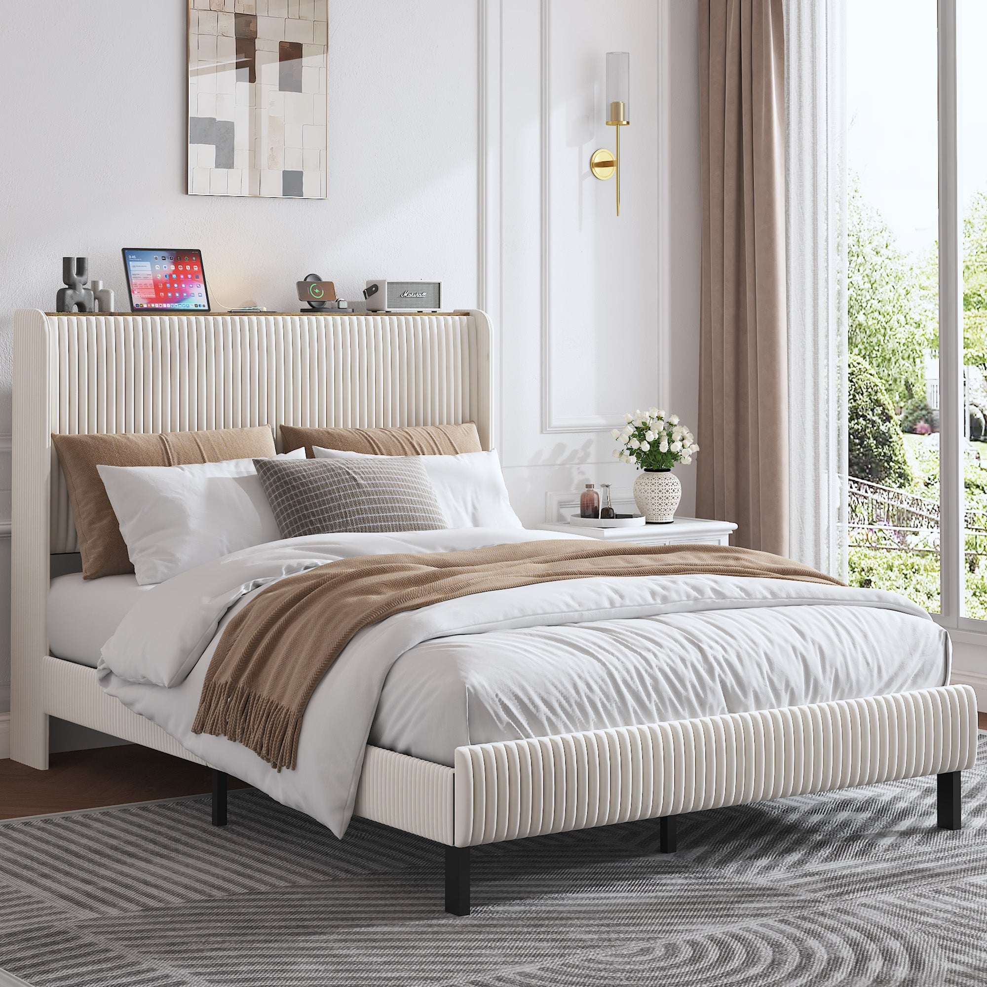 Logidon bedframe 140x200 beige fluwelen platformbed met vleugelhoofdeinde