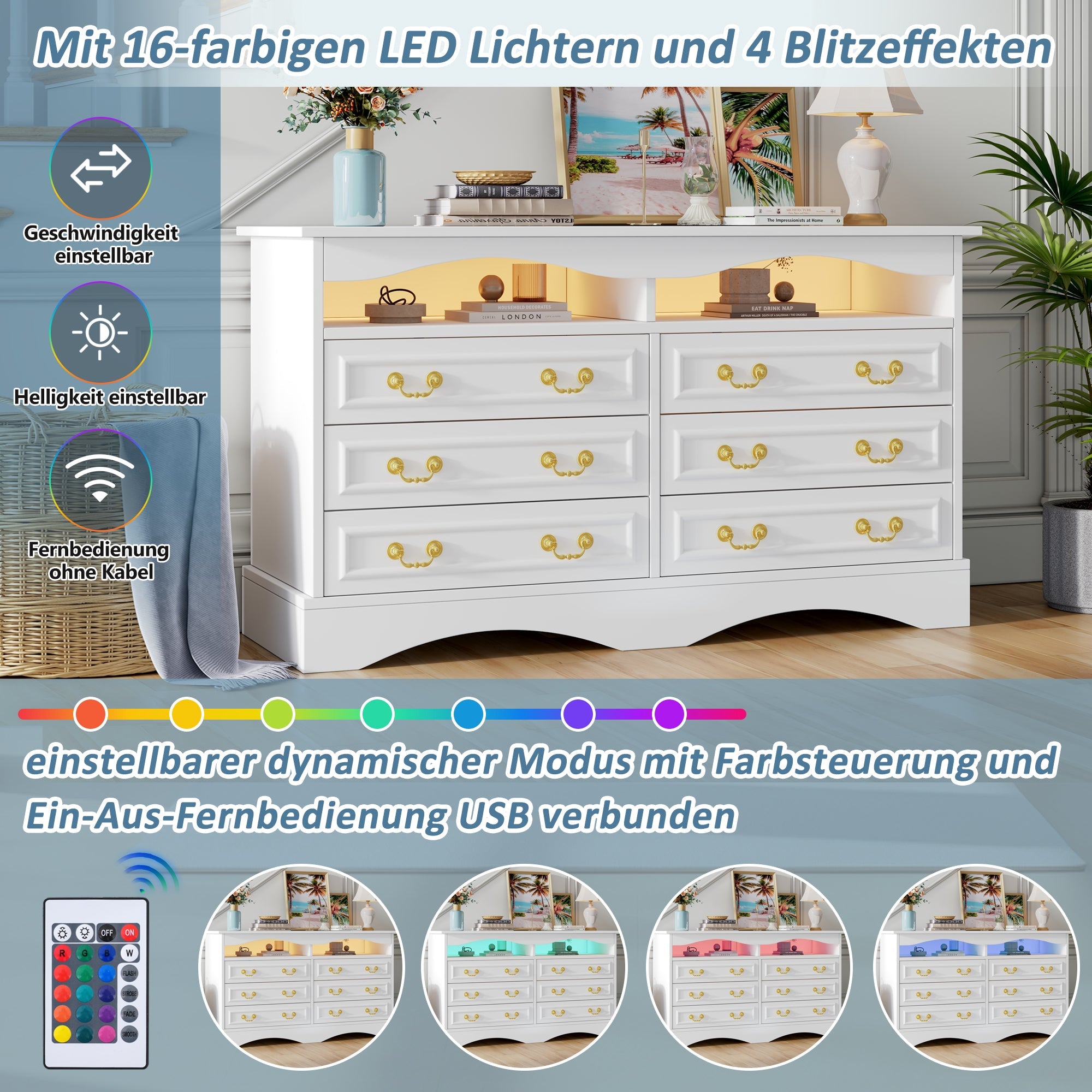 Logidon Dressoir 120x40x70 met LED-licht en halfopen opbergruimte Wit