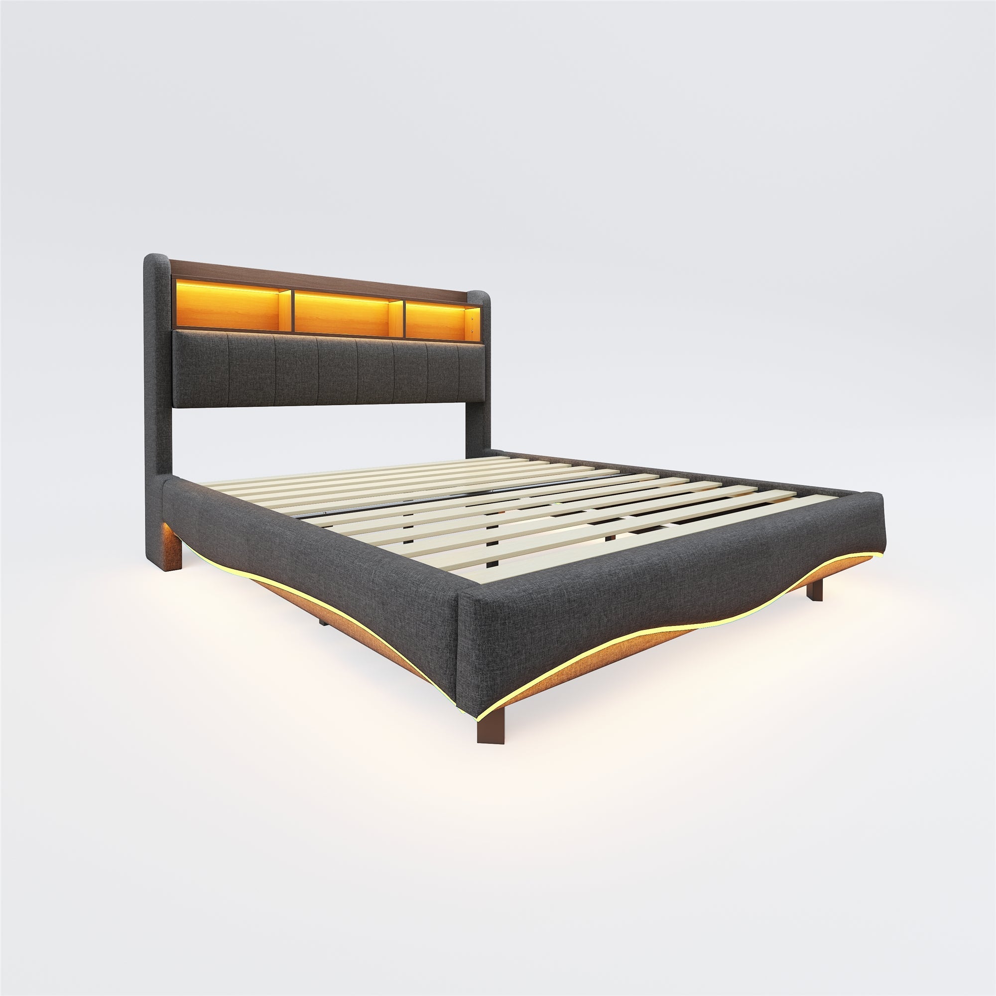 Logidon upholstered bed 140x200 gray with LED light USB storage space