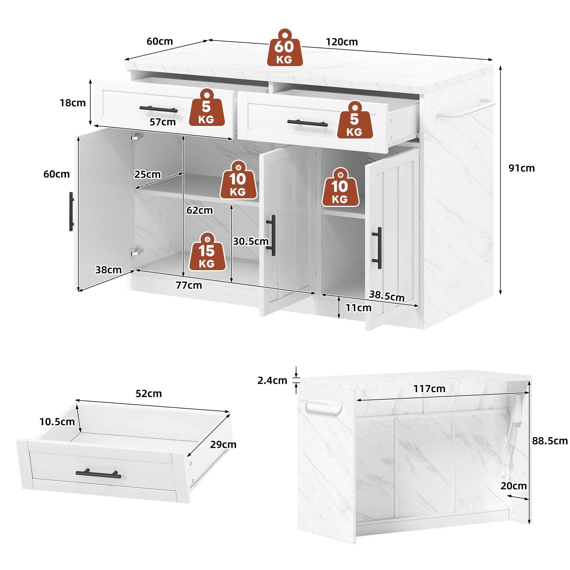 Logidon keukeneiland 120x60x91 cm met USB-aansluitingen wit