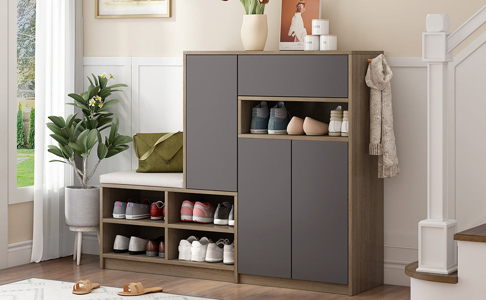 Logidon Schoenenbank Grijs Met Gewatteerde Zitting Verstelbare Planken 140x35x110 cm
