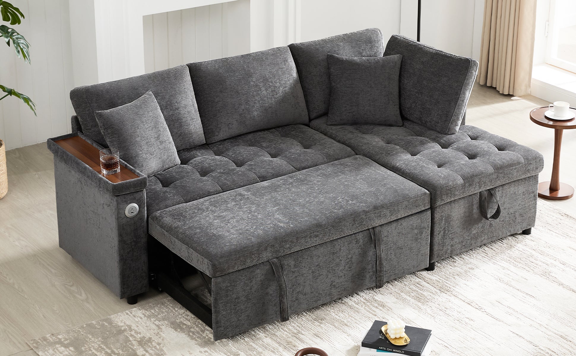 Logidon L-vorm slaapbank grijs fluweel chenille 209x130 cm opbergruimte