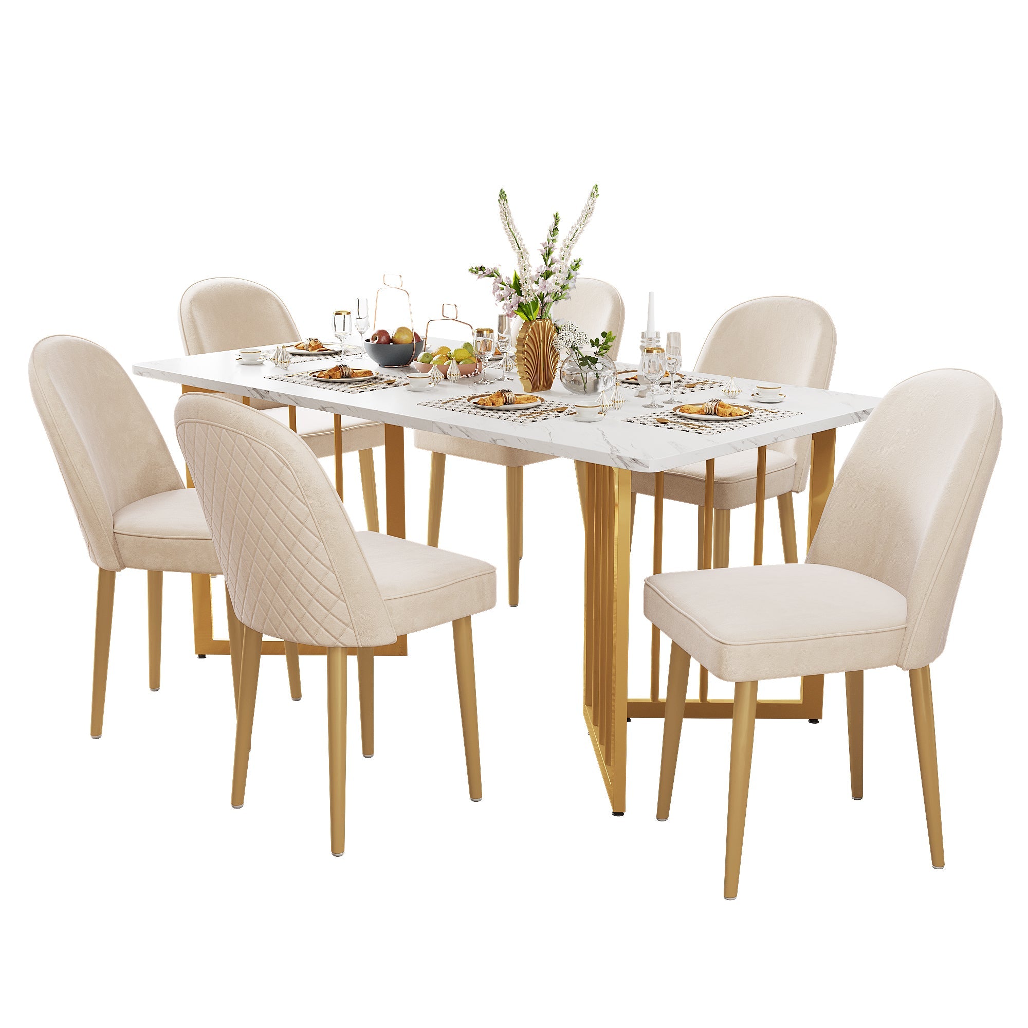 Logidon Eetkamerstoel Set van 6 Beige Fluweel Gouden Poten