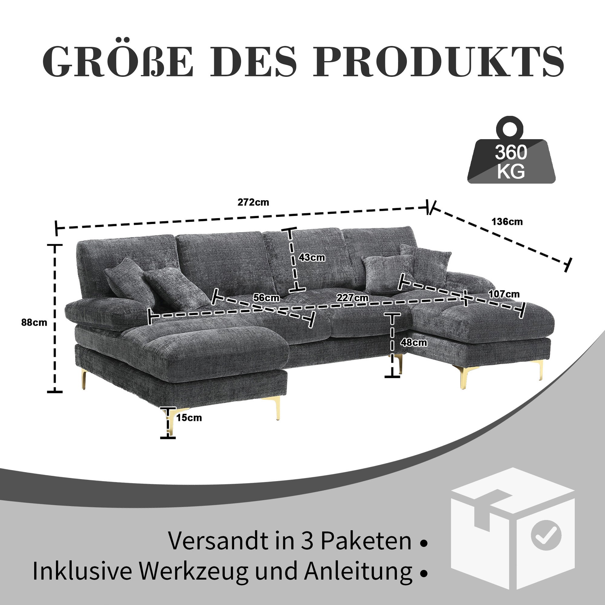 Logidon moderne chenille U-vormige sectionele bank grijze dubbele slaapplaatsen