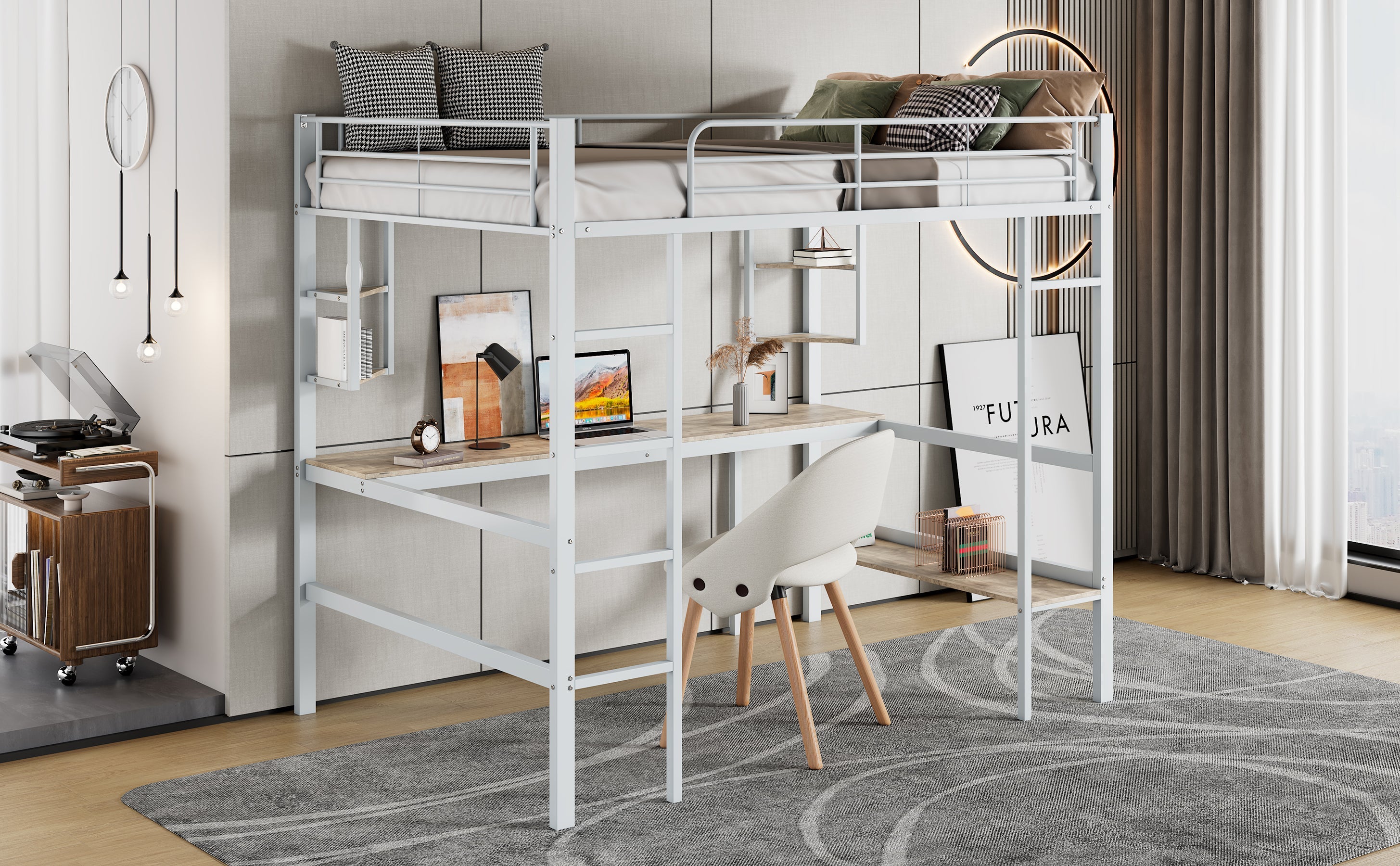 Logidon 90x200cm metal bed loft bed with desk and shelves white