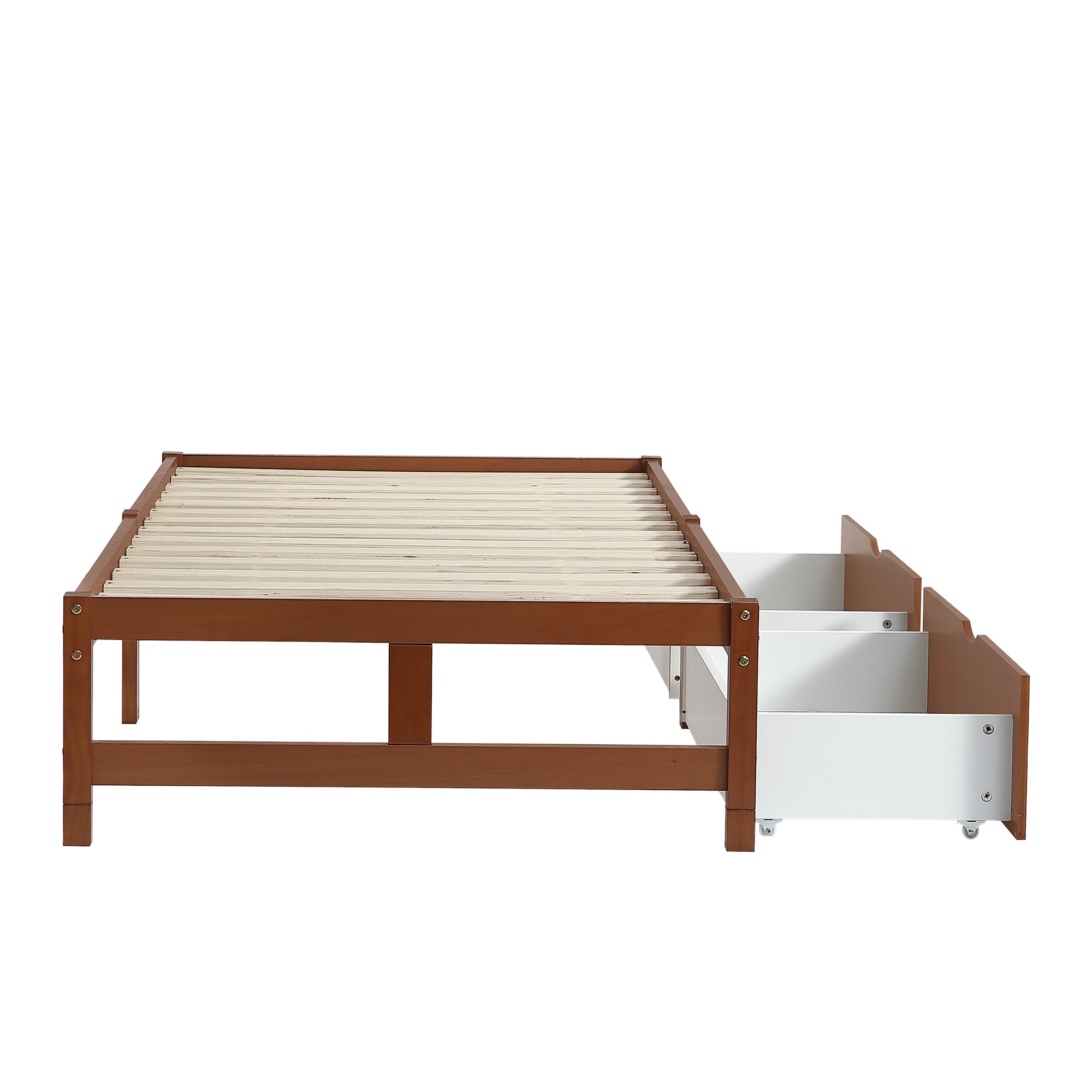 Logidon kinderbed 90x200 roodbruin houten bed met 2 lades en wielen
